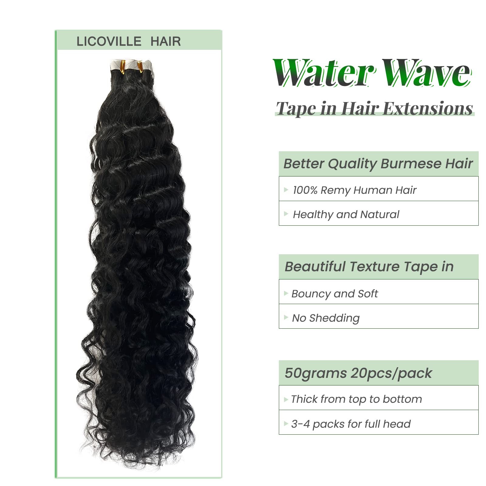 Invisible Tape in Hair Extensions Human Hair 24 Inch Water Wave Natural Black