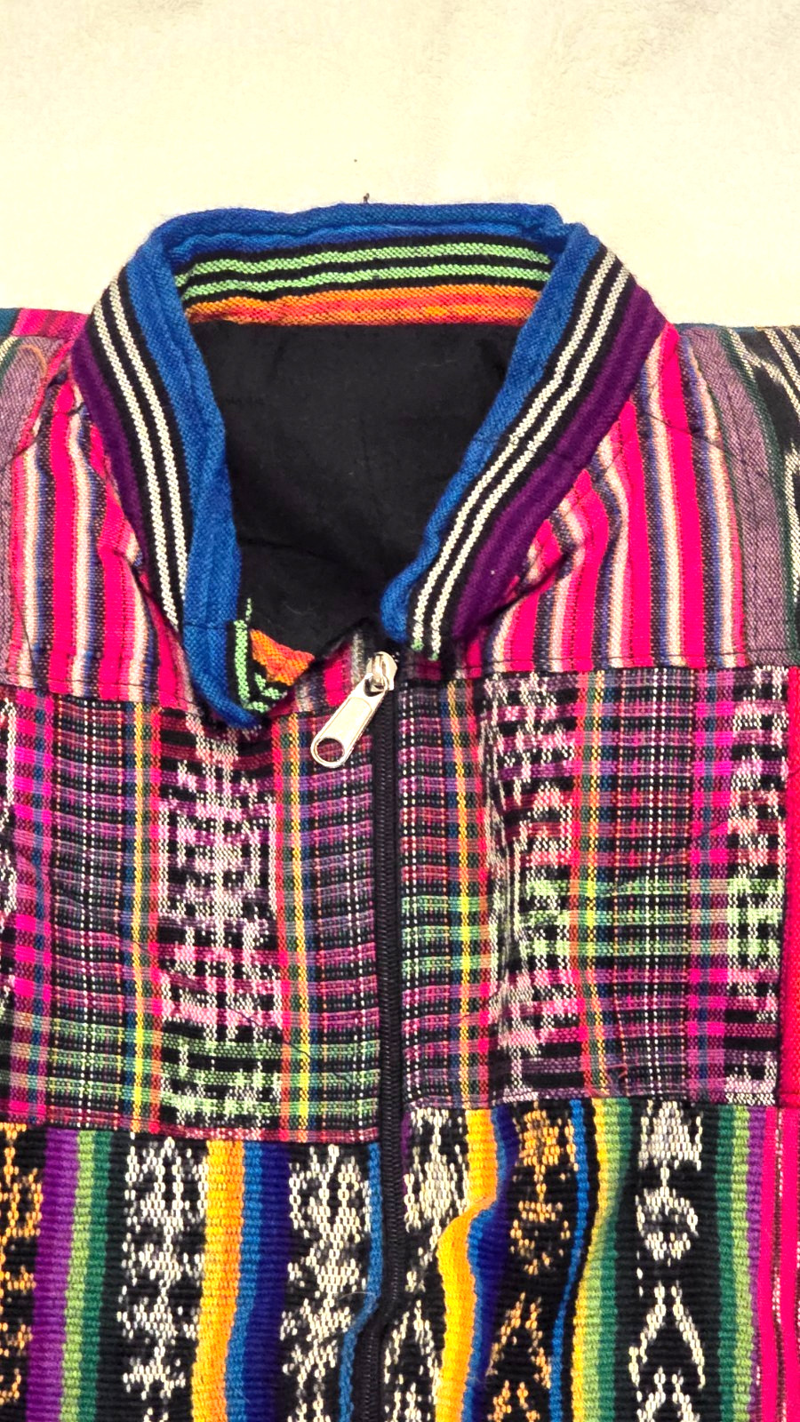 Huipil Strip Guatemala Hippie Patchwork Festival Woven Zip Bomber Jacket VTG 90s