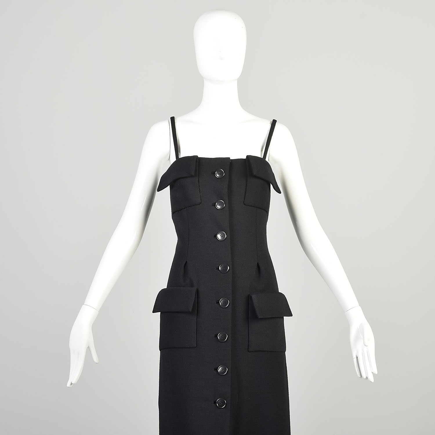 Medium 1970s Geoffrey Beene Black Maxi Heavy Knit Patch Pocket Button Layer Maxi