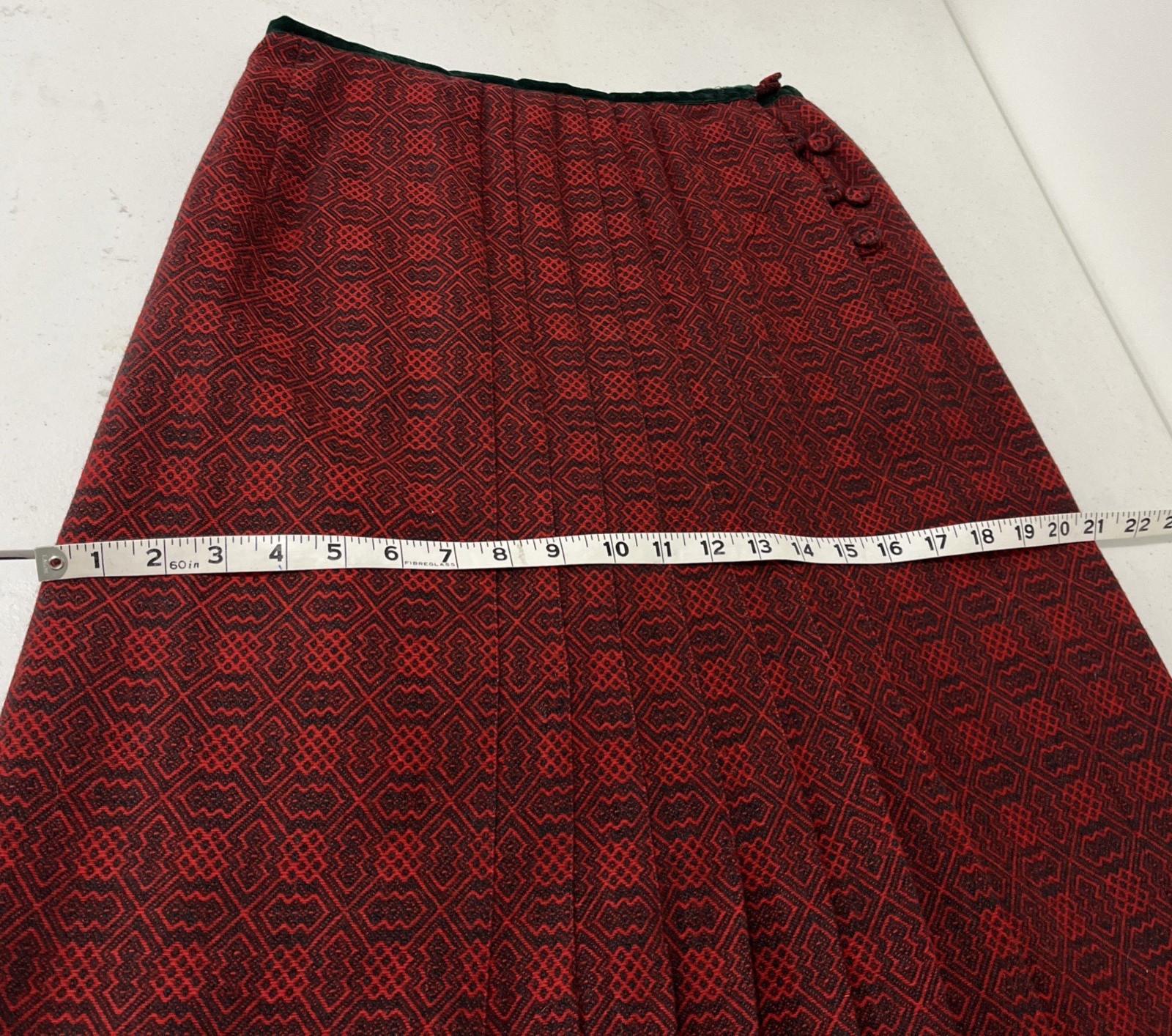 Vintage Cullinane Holiday Red Green Long Wool Pleated Skirt w/Velvet Trim Sz. 12