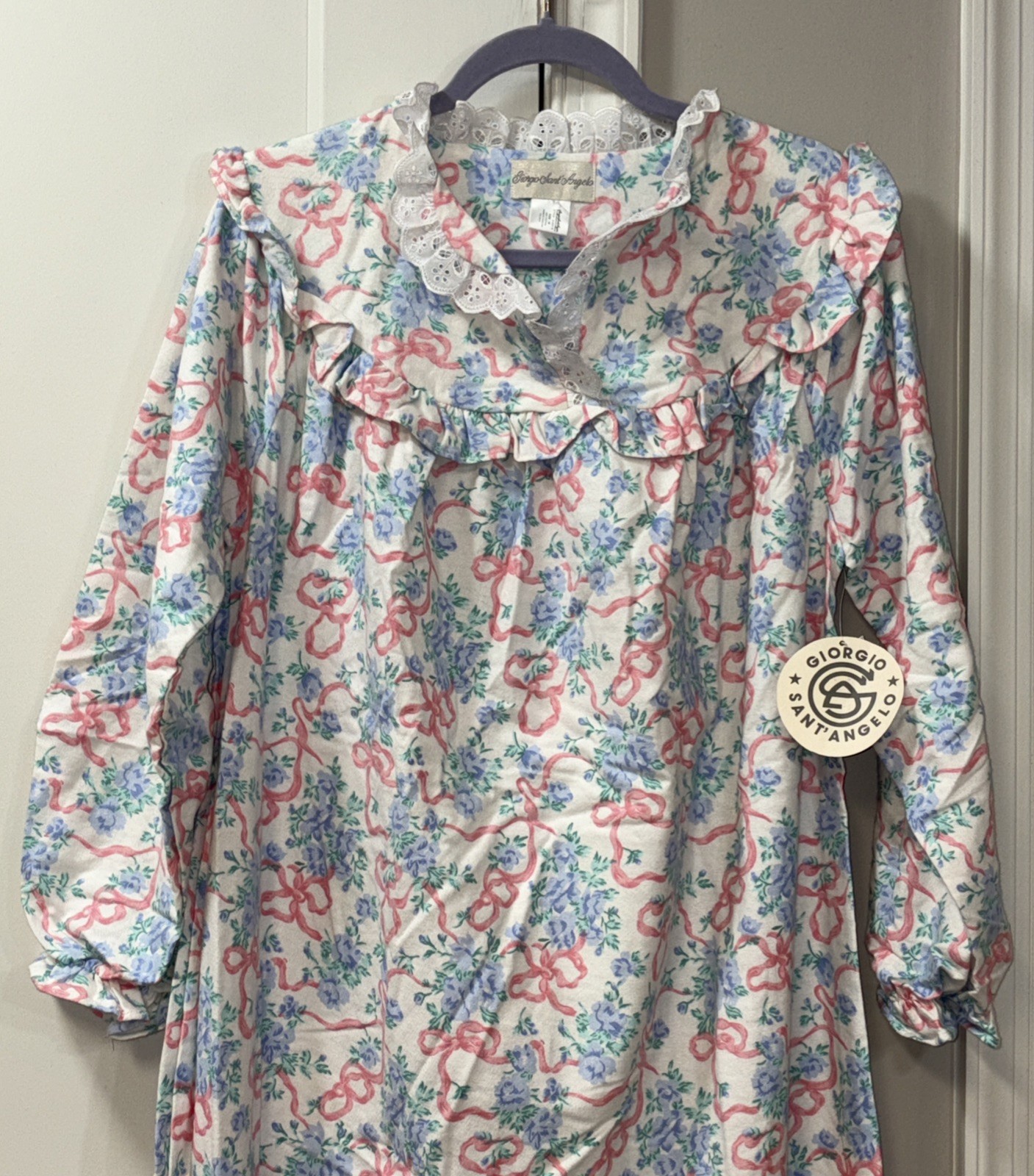 GIORGIO SANT’ANGELO Flannel Nightgown Prairie Vintage Romantic Flowers Bows M