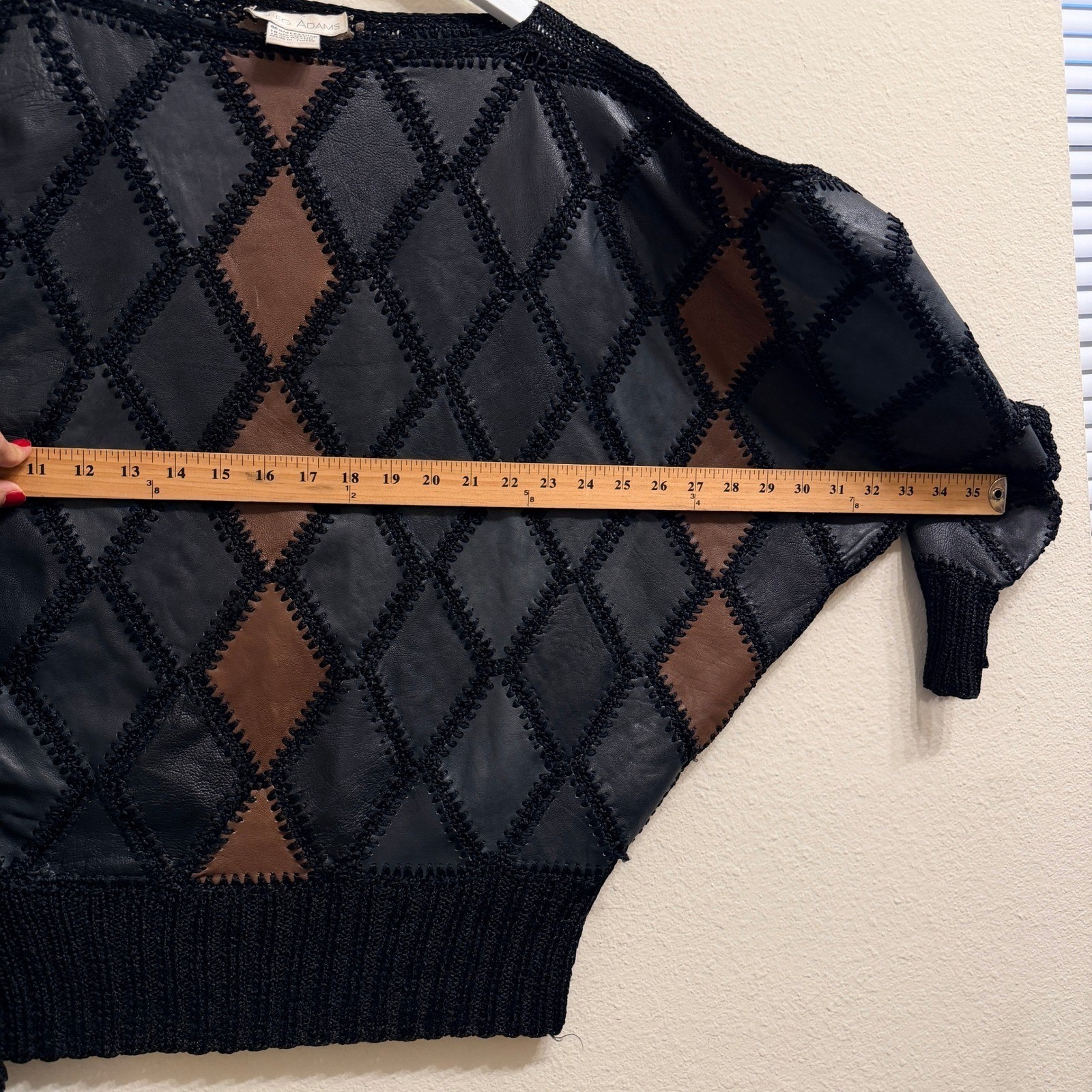 Vintage Leather Patchwork Sweater Diamond Knit Oversized Vintage Eclectic 80s