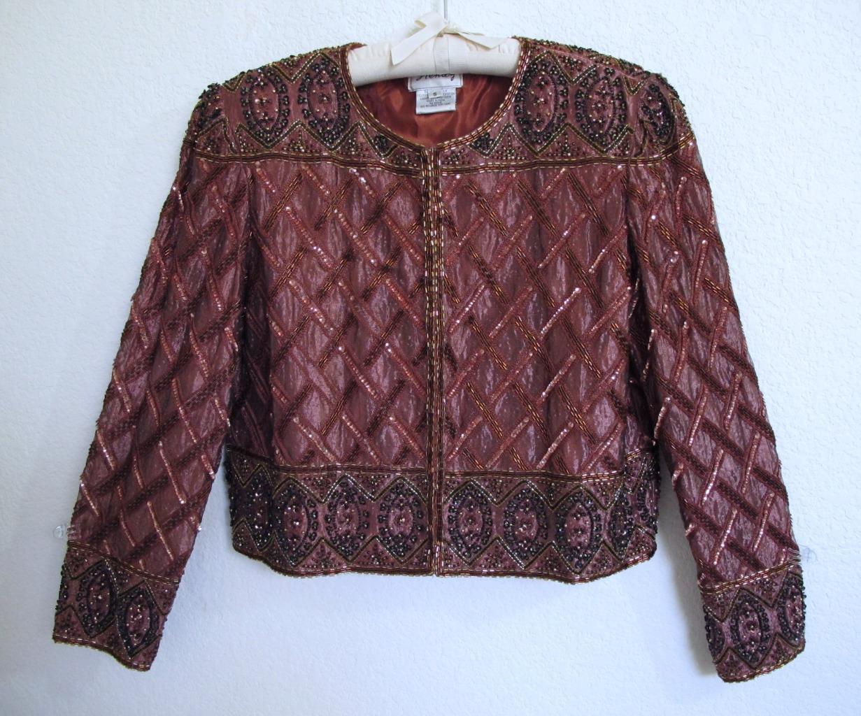 Vintage 80s Stenay Copper Brown Silk Trophy Sequin & Bead Jacket S Glam Party