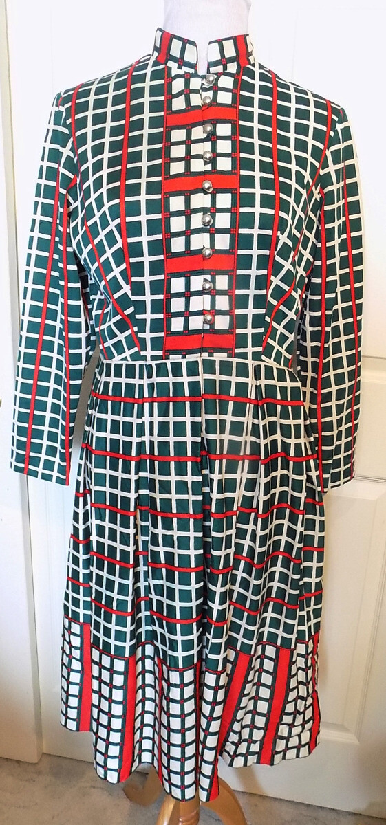 Vintage 60s 70s Red Green White Dress Nancy Greer Pleated Skirt B40 Needs Hem