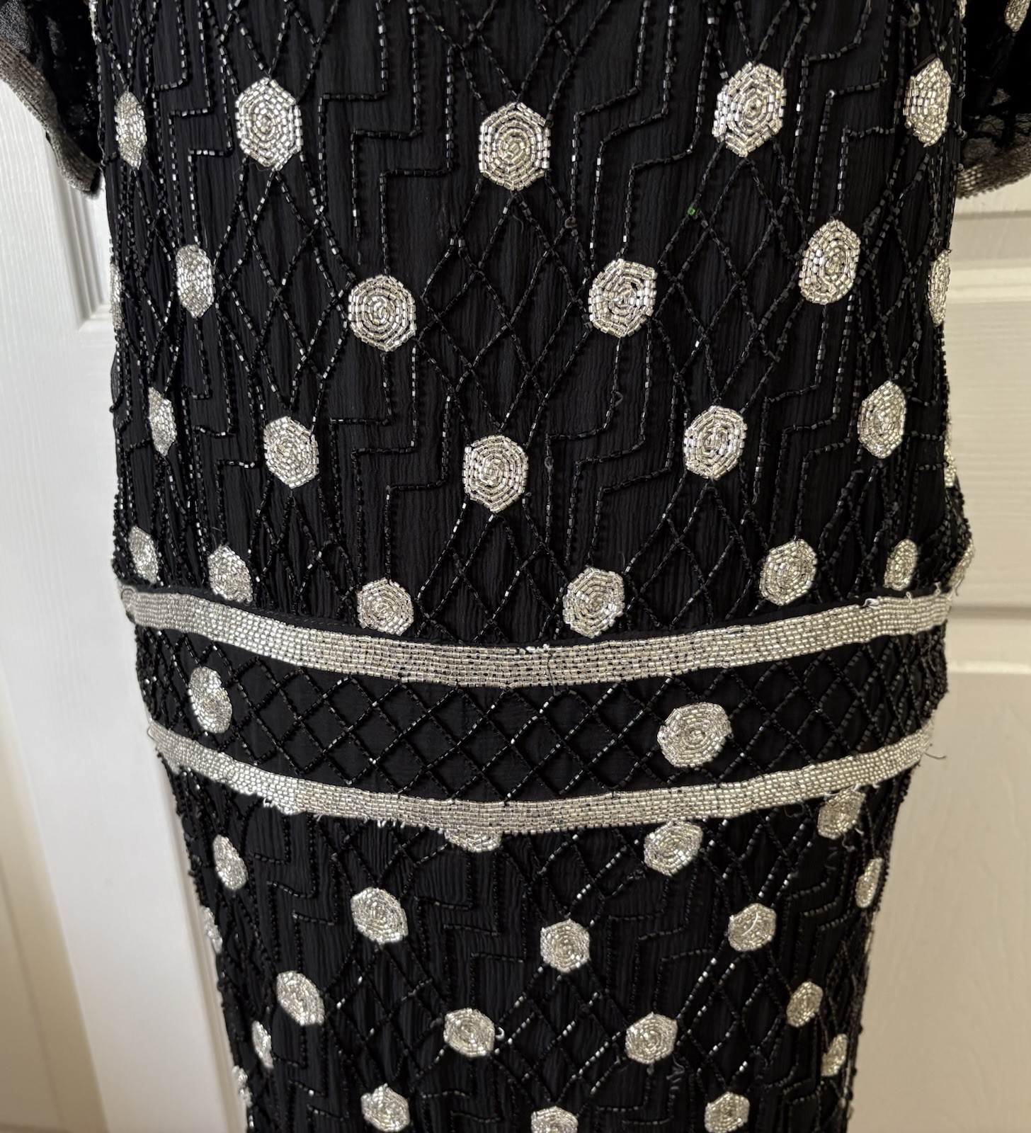 Judith Ann Creations 80s Does 20s 100% Silk Beaded Drop Waist Spider Web Dress M