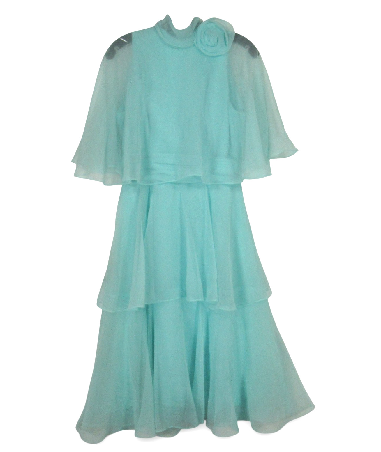 VTG MISS ELLIETTE Lined CHIFFON Teal TIERED Zip CAPELET MAXI Party Prom DRESS 12