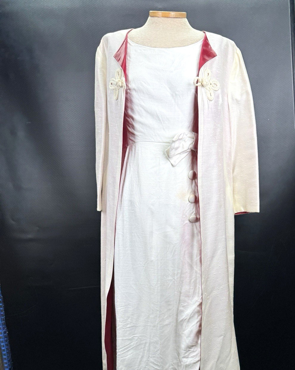1950s vintage SMALL Formal Dress Gown w Matching Maxi Coat HANDMADE White Red
