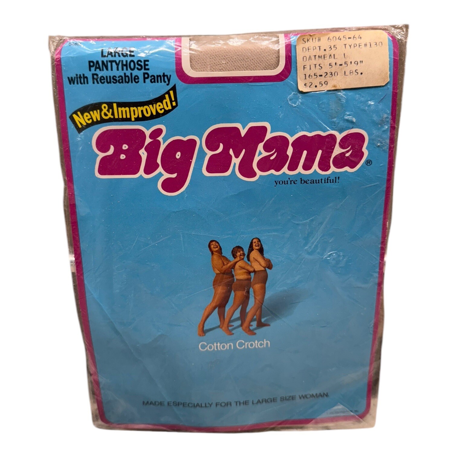 Vtg New Big Mama Nylon Pantyhose With Reusable Panty Large 165-230 Lbs Oatmeal