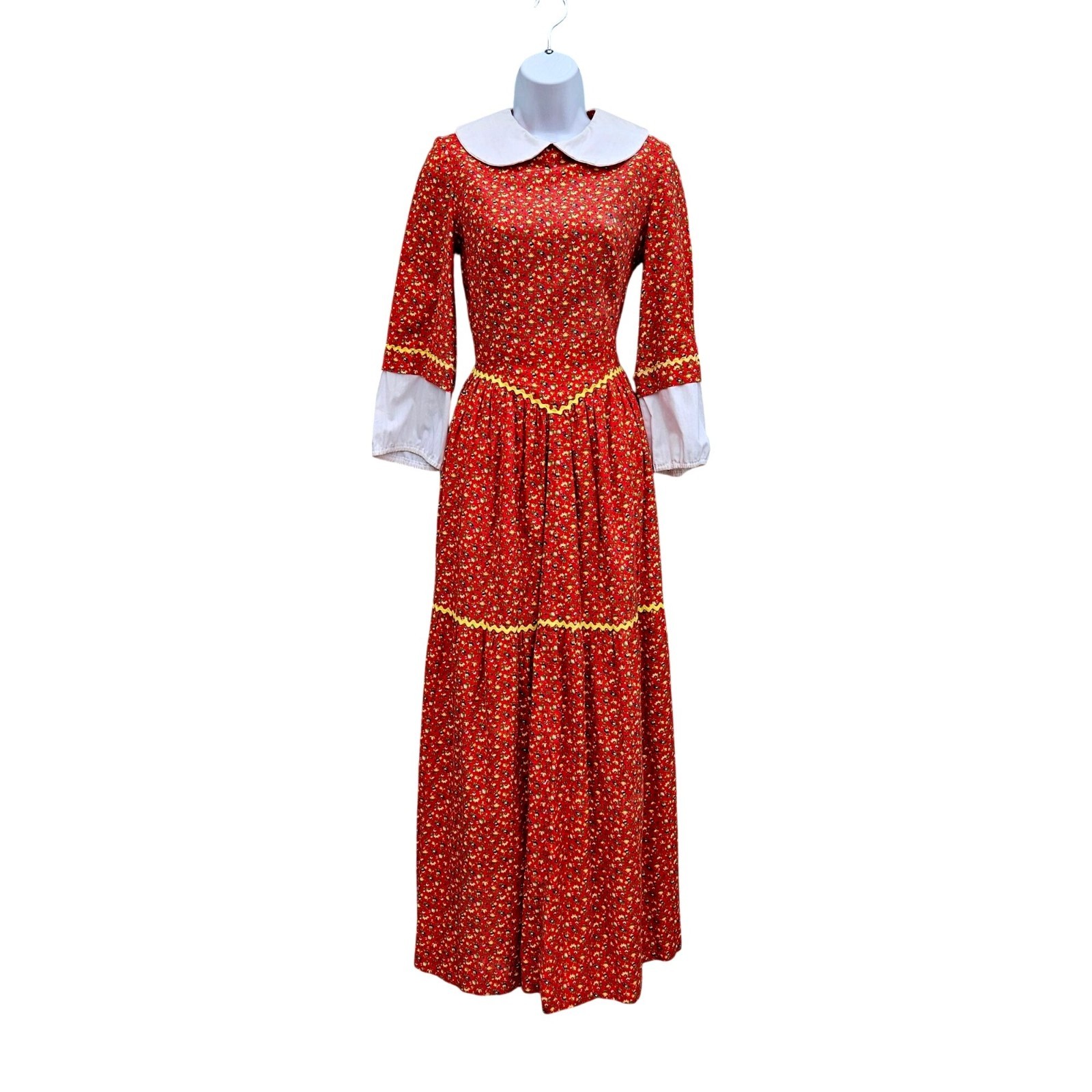 Vintage 70s Red Calico Maxi Prairie Dress Peter Pan Collar Cottagecore XS