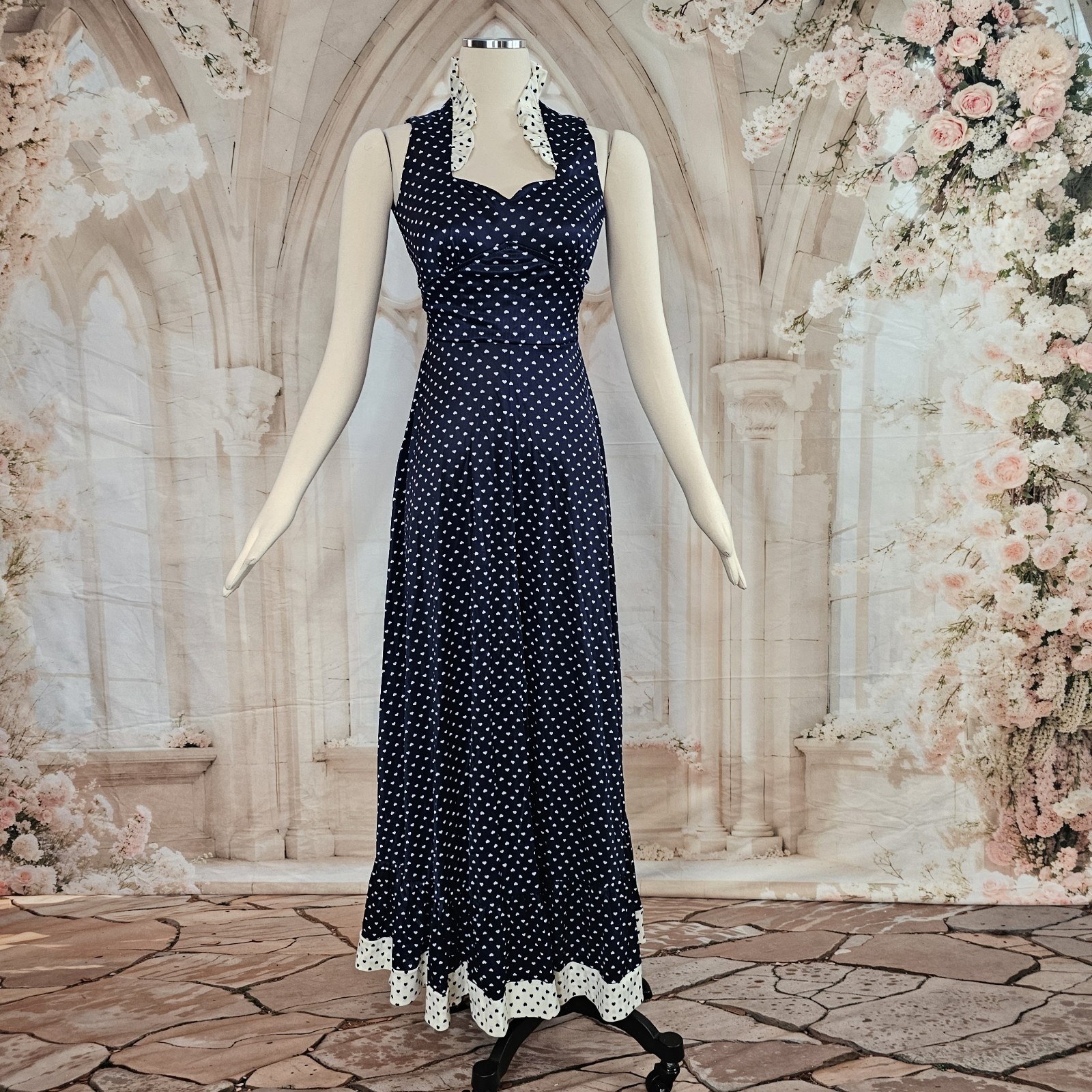 Vintage 1970s Dress Navy Blue White Hearts Ruffle Sweetheart Neckline Maxi