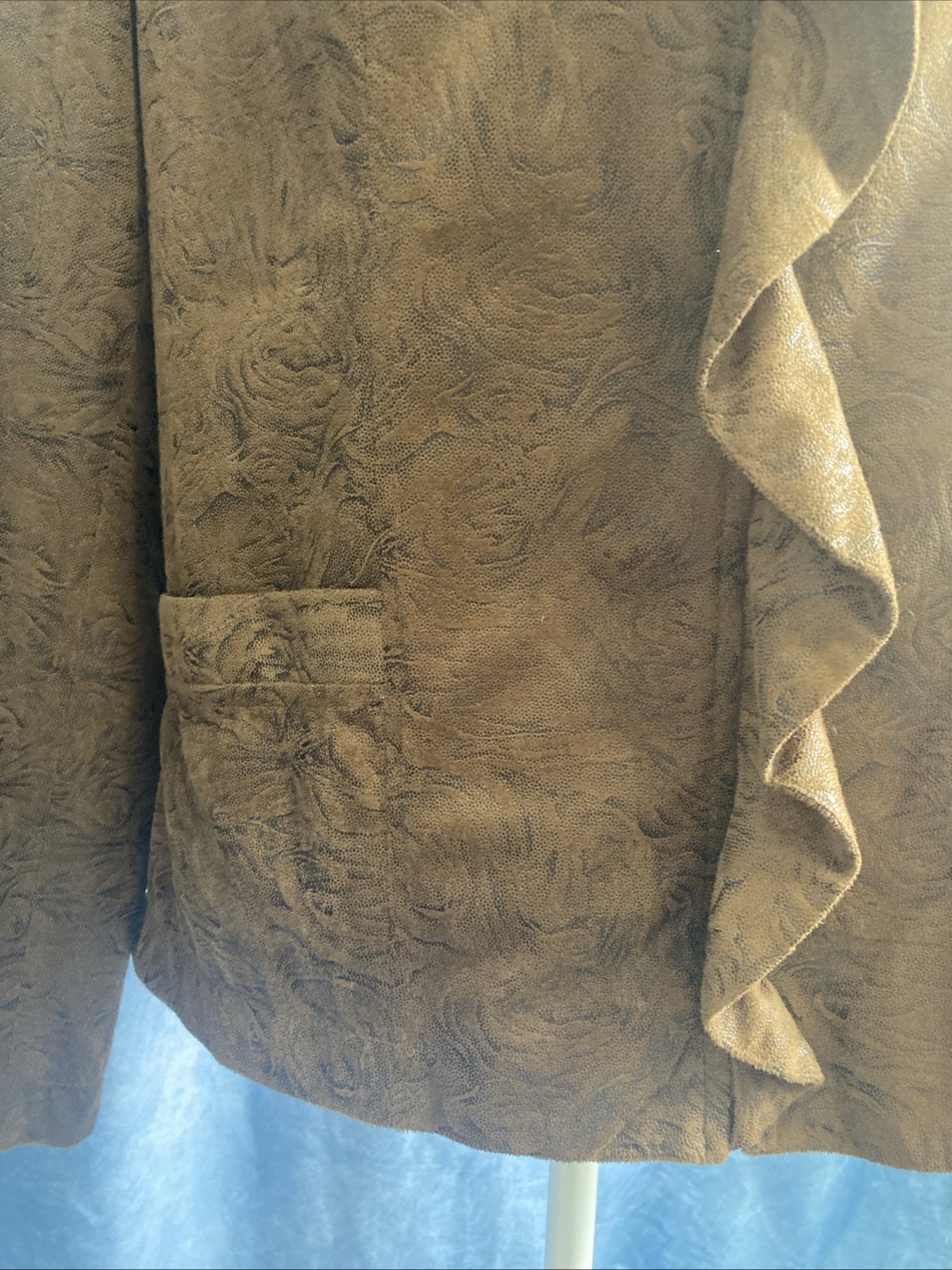 Elementz Brown Faux Suede Ruffle Front Jacket Size M EUC Vintage Y2K MFLJ0128