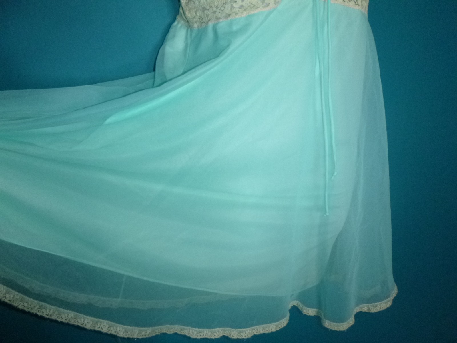 Vtg 60s Olga Sleeping Pretty Nightgown Aqua Double Layer Nylon Chiffon Sz M