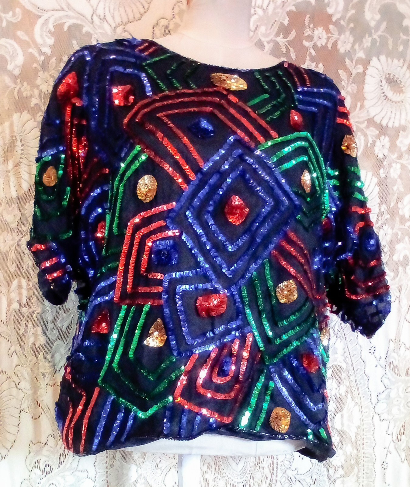 VTG 80s Oversize L Sequined Indian Pop Art Pattern Silk Blouse w/ Dolman Sleeves