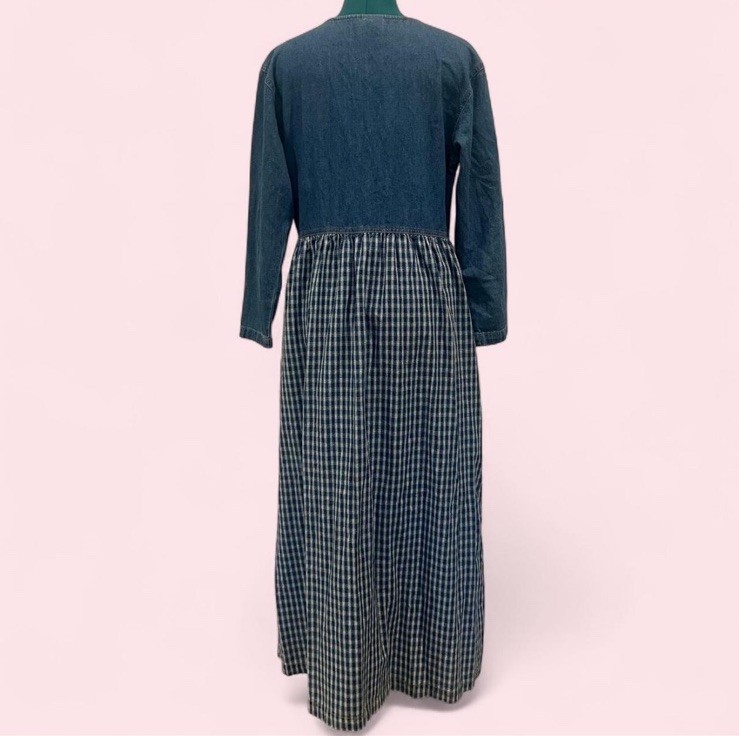 Vintage Denim Gingham Patchwork Maxi Dress Blue Cottagecore 90s