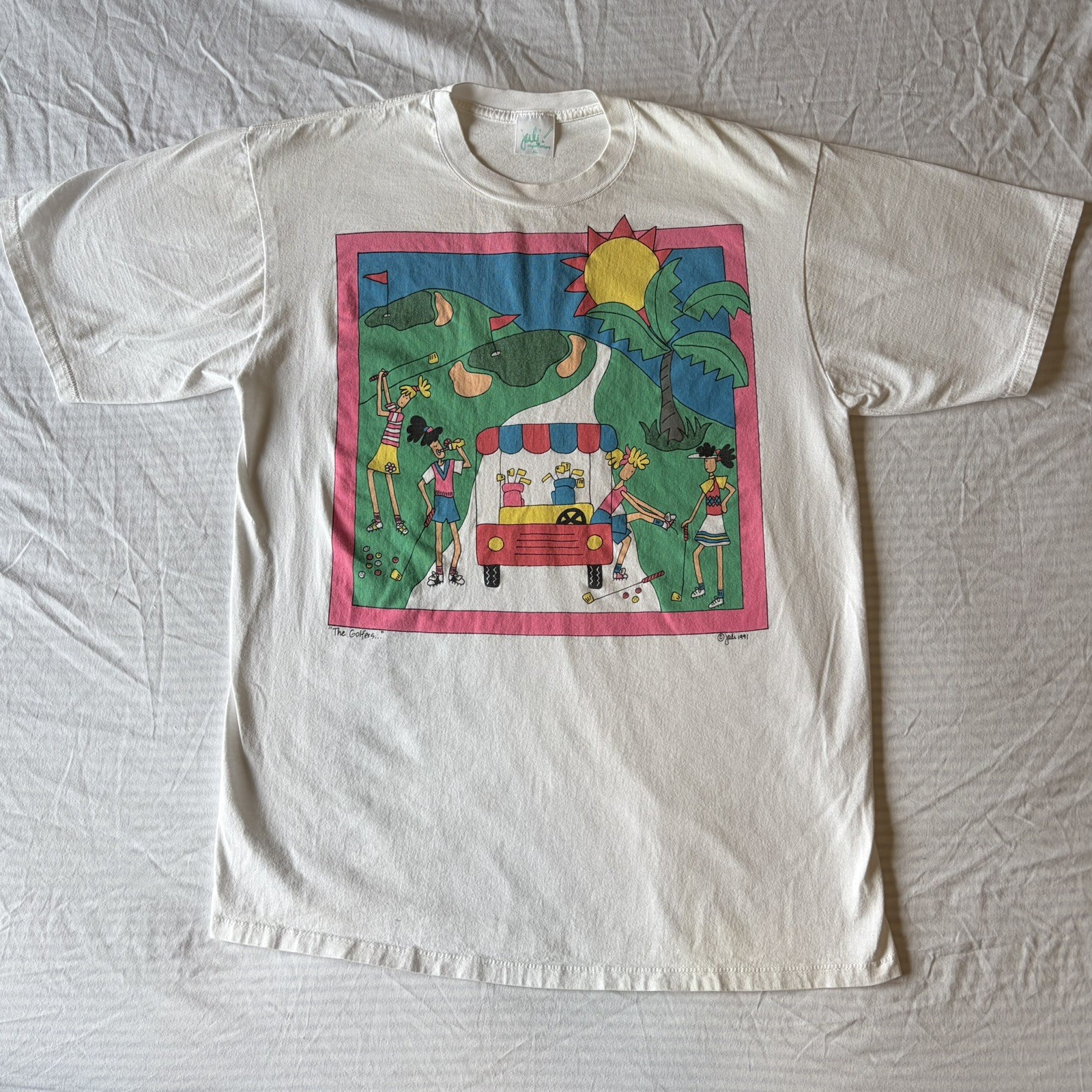 Vintage Juli White Cute Graphic Women&rsquo;s Golf T Shirt « The Golfers » 90s XL vtg