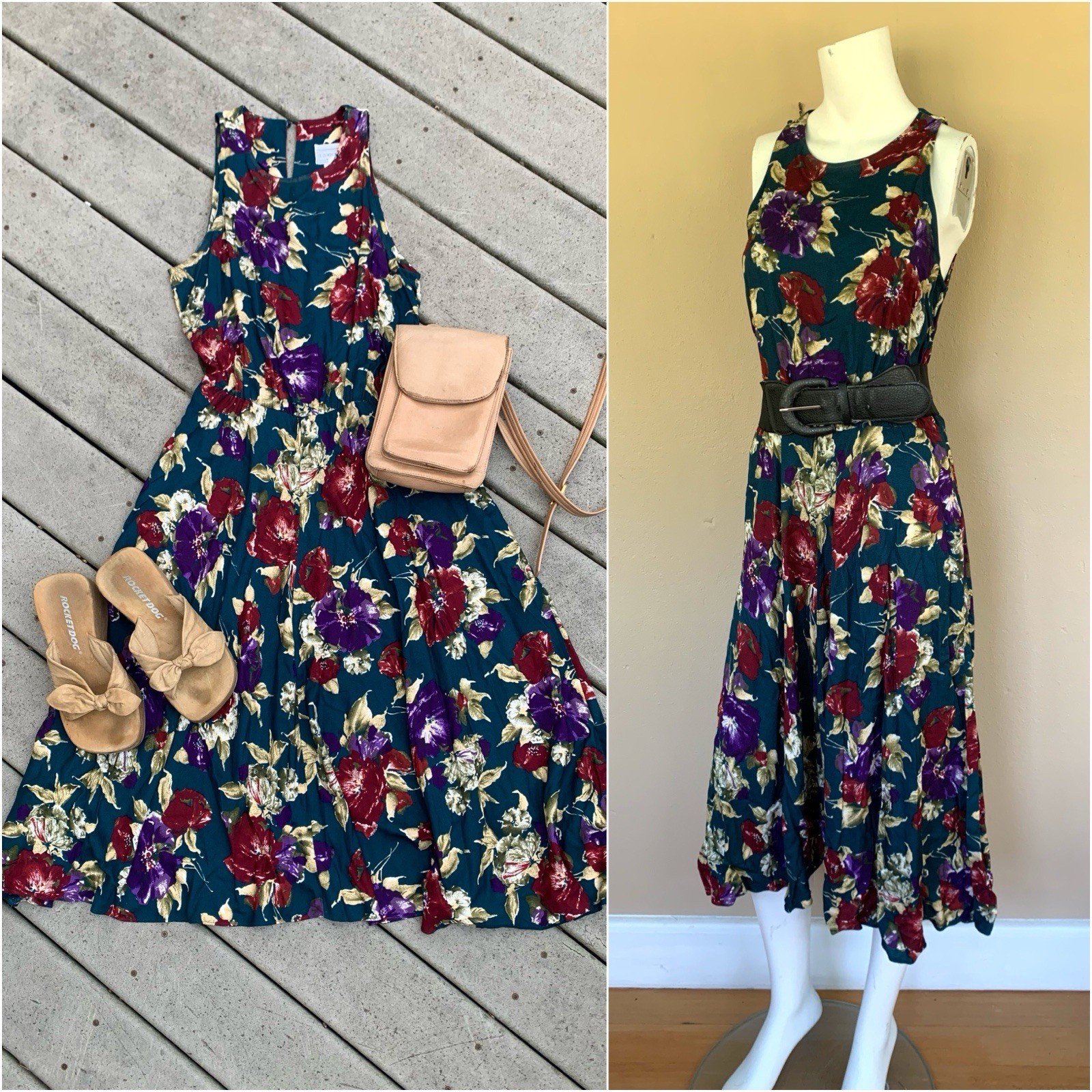 Vintage 90’s Floral Print Sleeveless Slip Dress | A-Line Tea Length Midi Dress