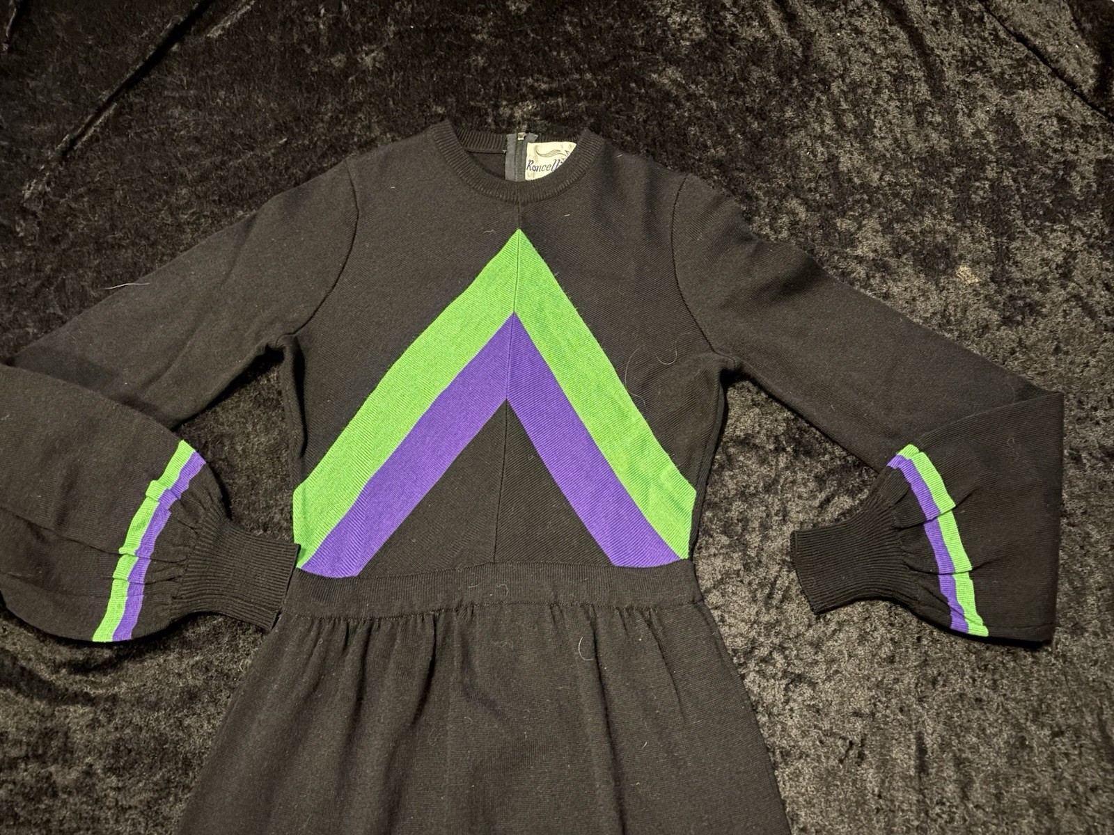 VTG 70s Roncelli Wool Blend Knit Maxi Sweater Dress 5 / XS Black Green Purple