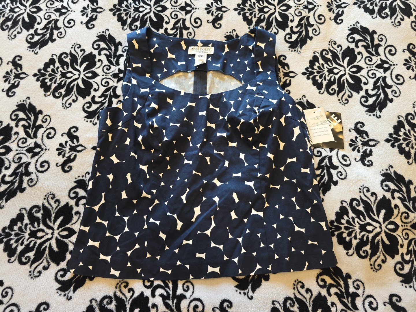 NWT Miss Dorby Navy Blue/White Circles Tank Top Shirt Zip Up Back Size 12P NEW!