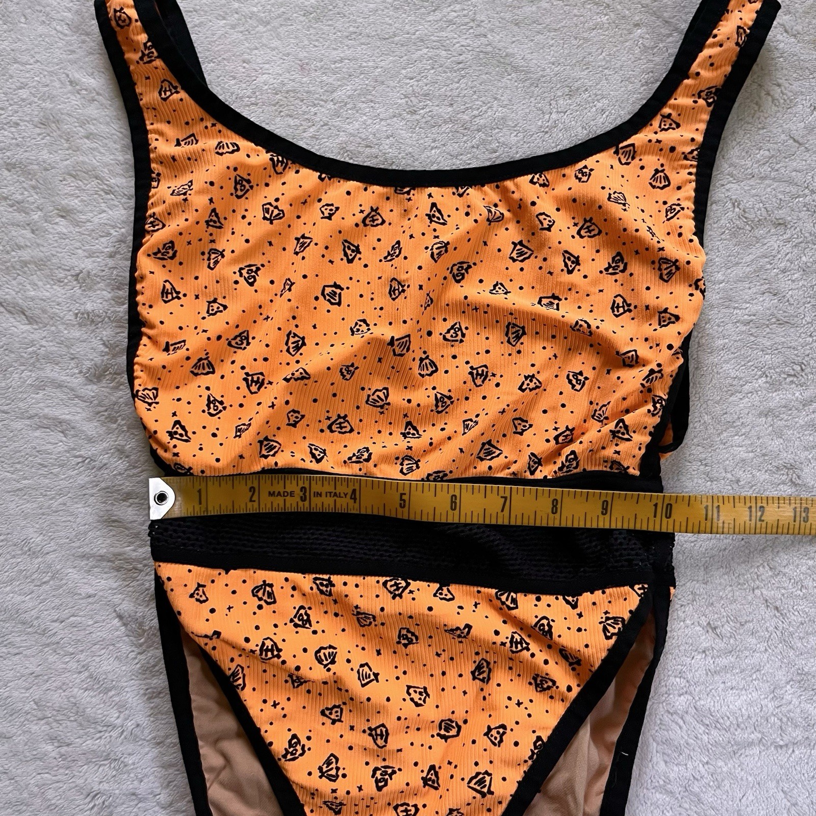 90s Vintage Orange Seashell Print High Cut One Piece Swimsuit S/M