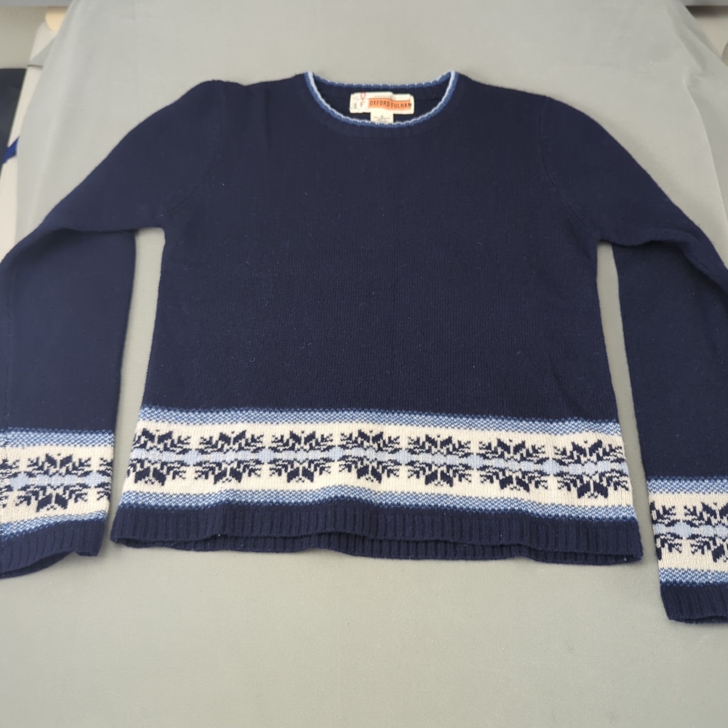 90s Oxford Fulham 100% Lambswool Sweater Size M Blue Snowflakes Christmas Vibe