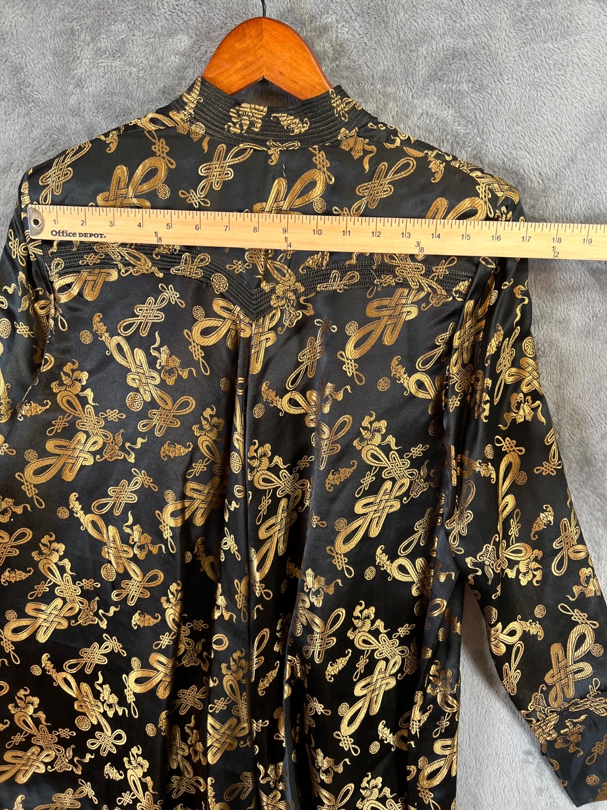 Dynasty Hong Kong Silk Jacket 16 20×28 Black Gold Mandarin Frog Closure Vtg 60s*