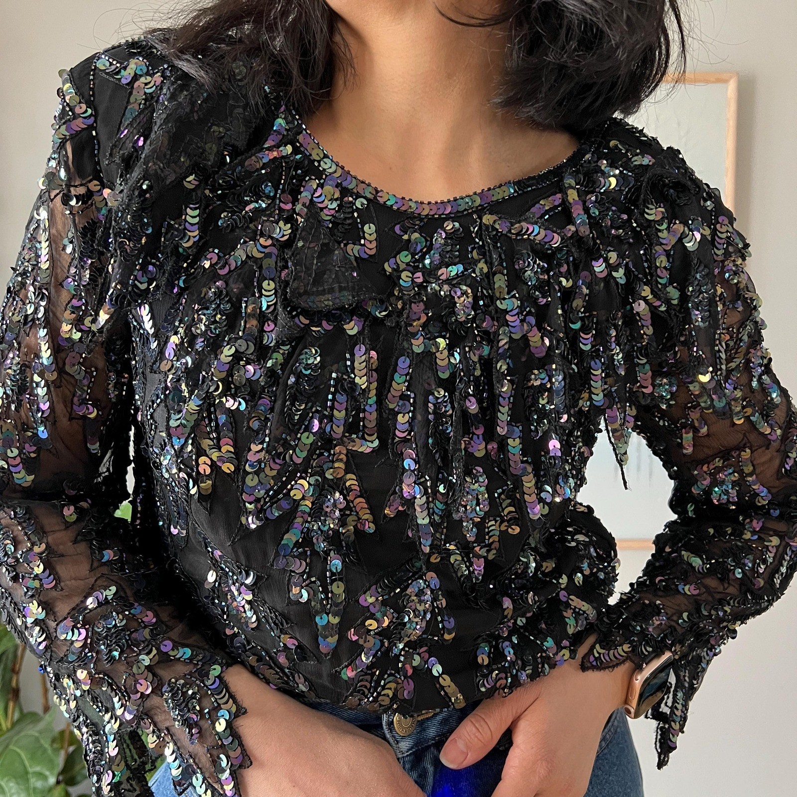 Vintage Silk Sequin Blouse Black Sheer Party Top 90s Y2K Glam Evening