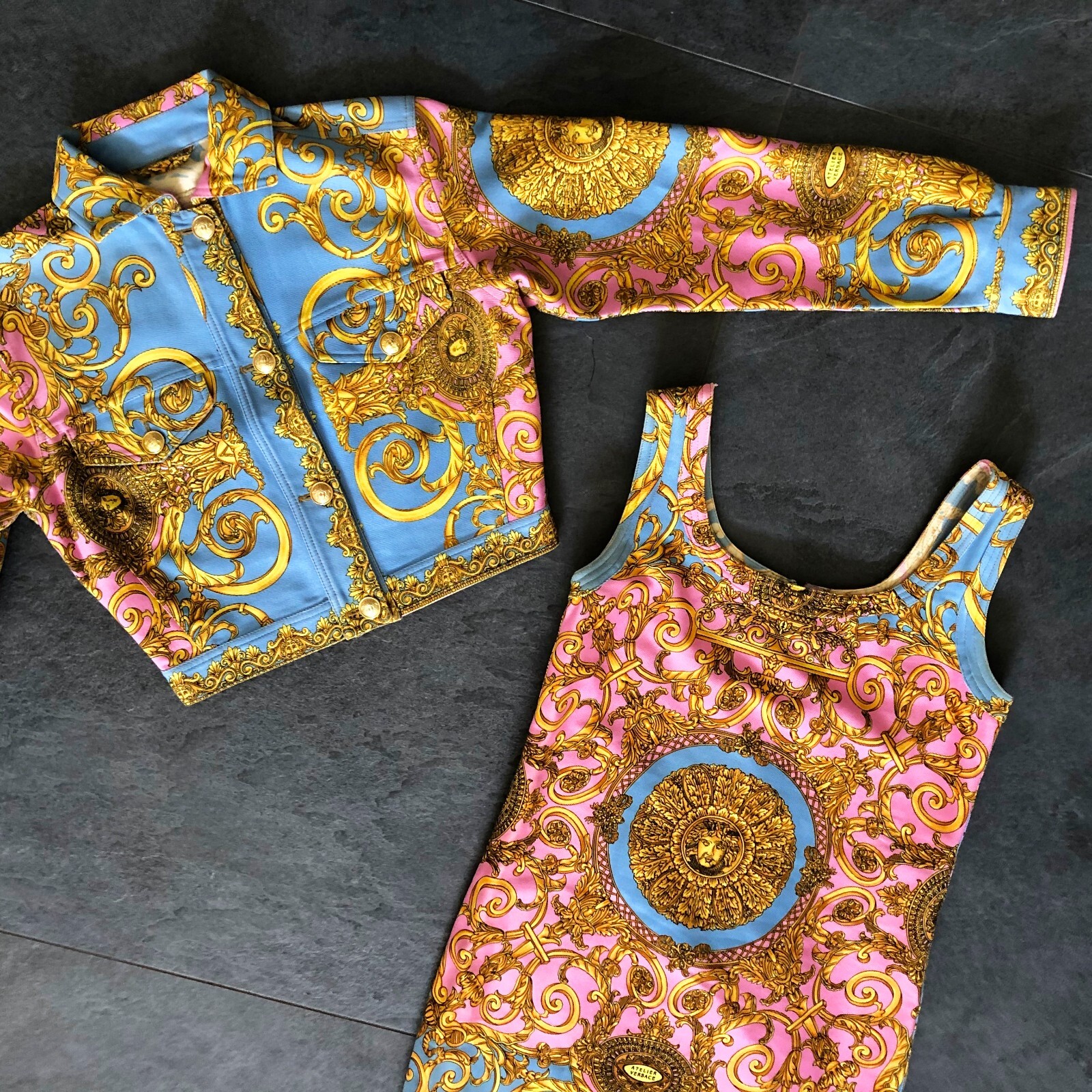 GIANNI VERSACE denim jacket & mini dress Golden Vanitas print 42 from S/S 1992