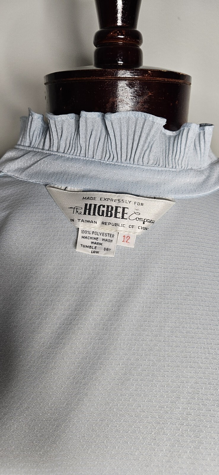 VTG 1970s Higbee Co Powder Blue Frill Button Front Blouse L