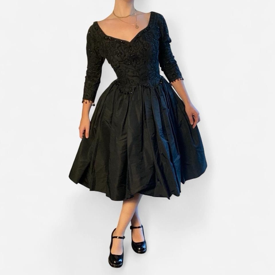 1950s Old Hollywood Black Beaded Embroidered Full Skirt Dress (Bramson)