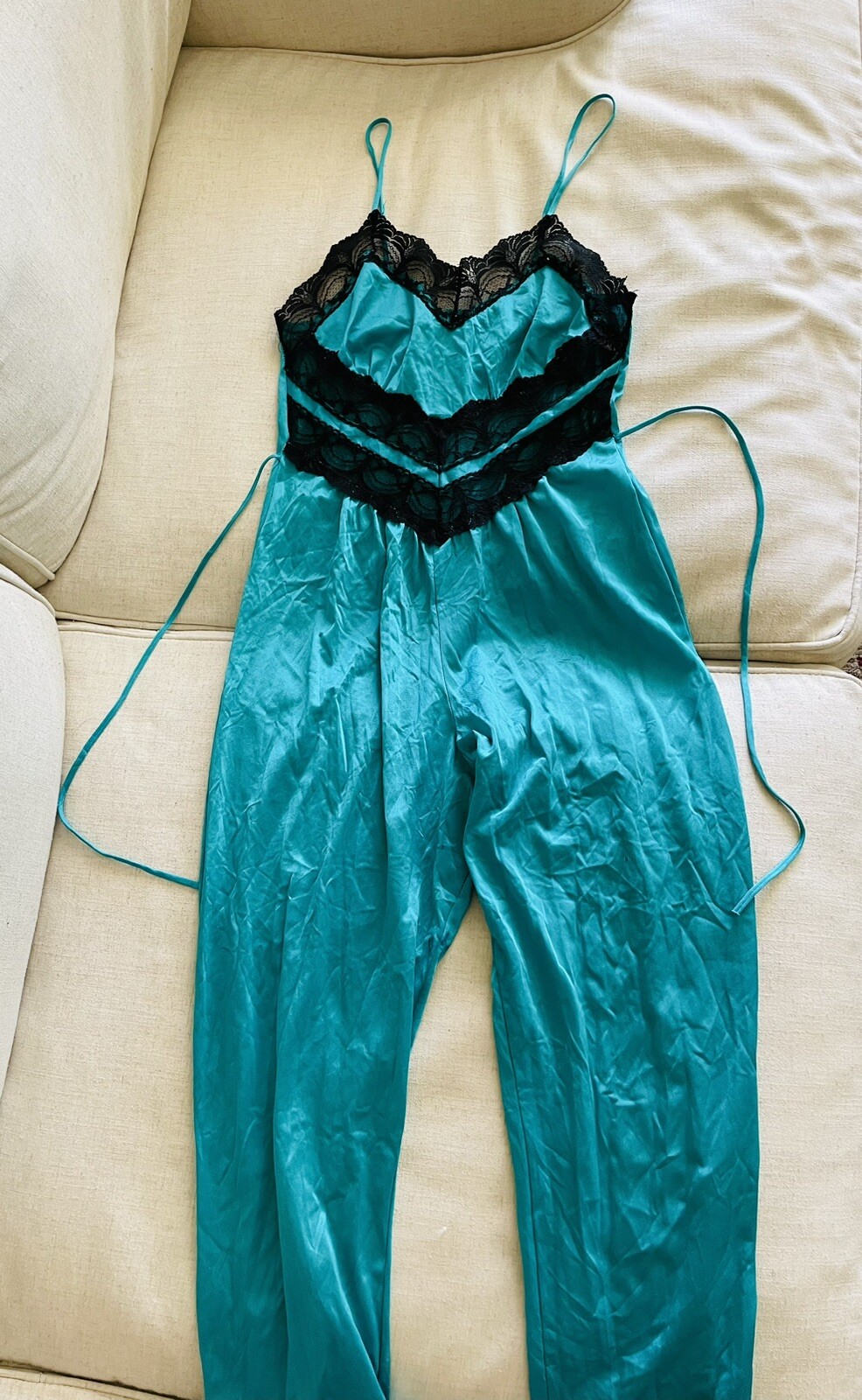 Vintage Petra Fashions Jumpsuit Pants Lace Lingerie Lounge Playsuit Teal Small