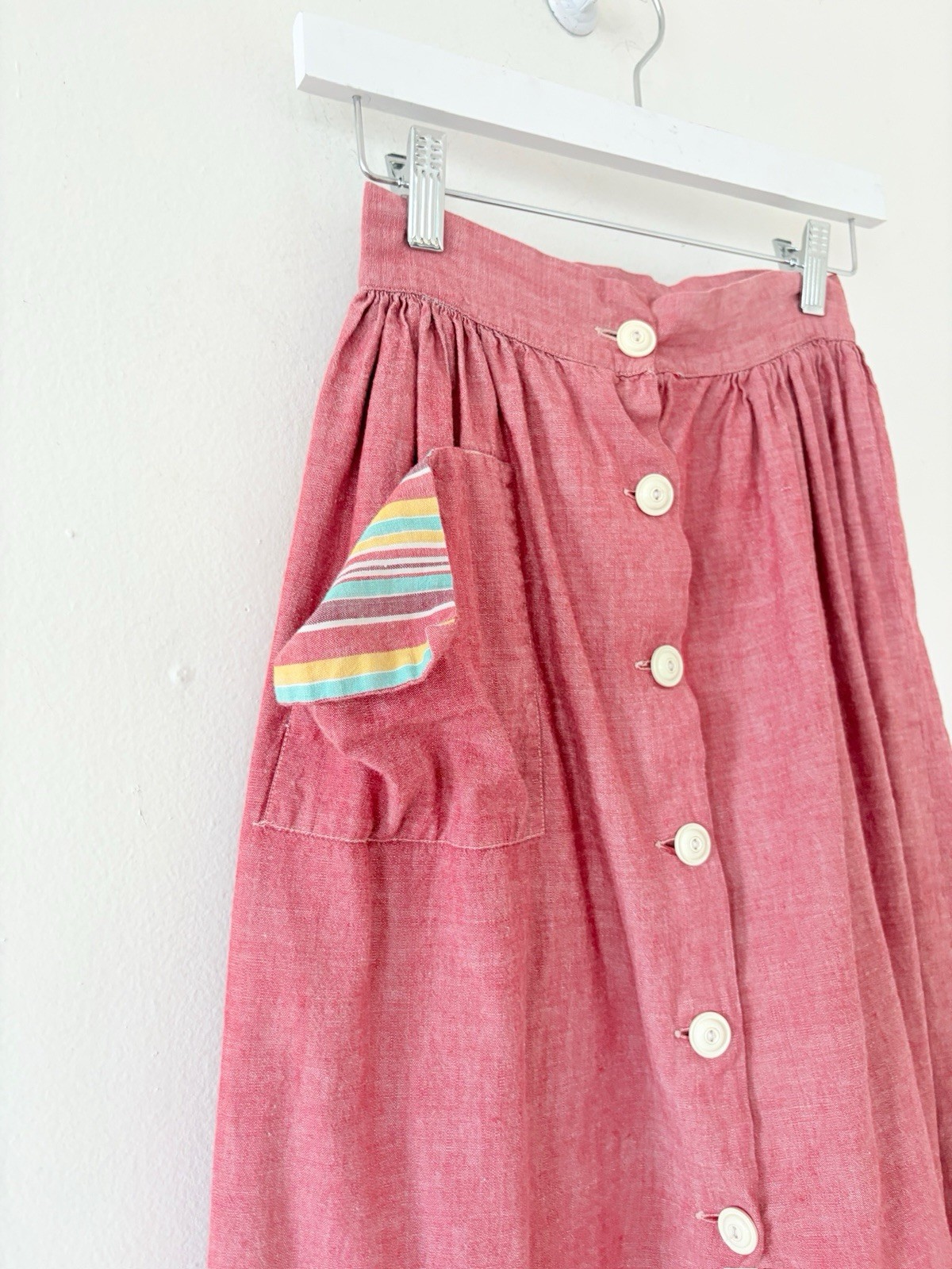 30s 40s Chambray Rayon Cotton Button Front Skirt Feedsack Pocket Workwear 24/25”