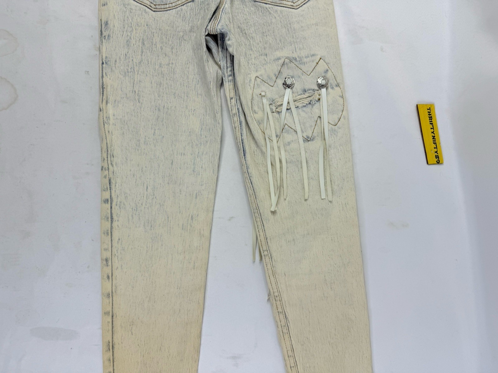 Vintage 90s Acid Stonewashed Jeans Speed Denim Sz 3/4 Frayed Patch Stretch 80s