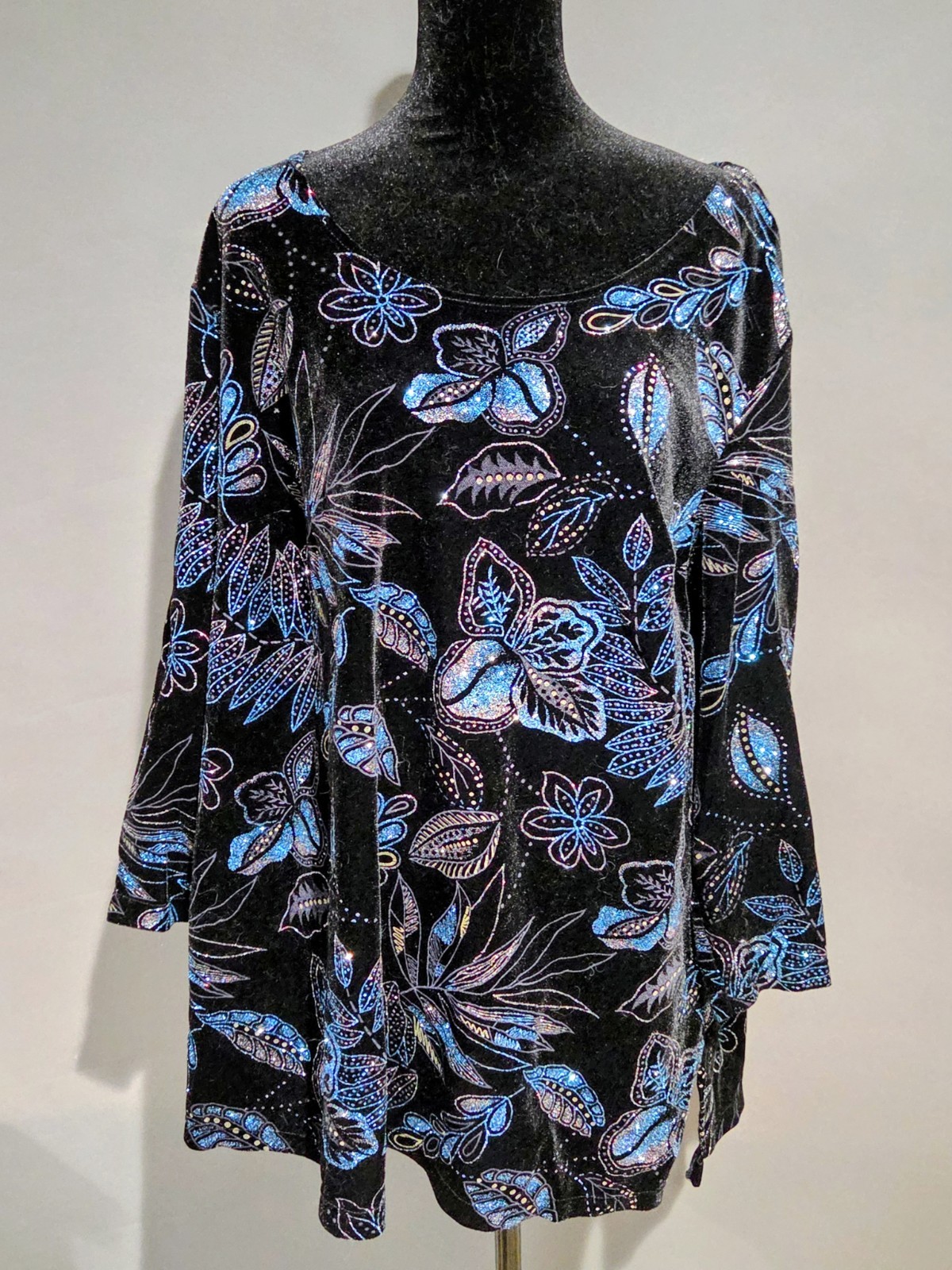 Elementz Vintage Sparkly Glitter Top Shirt Size 2XL Faux Velvety Blue & Black