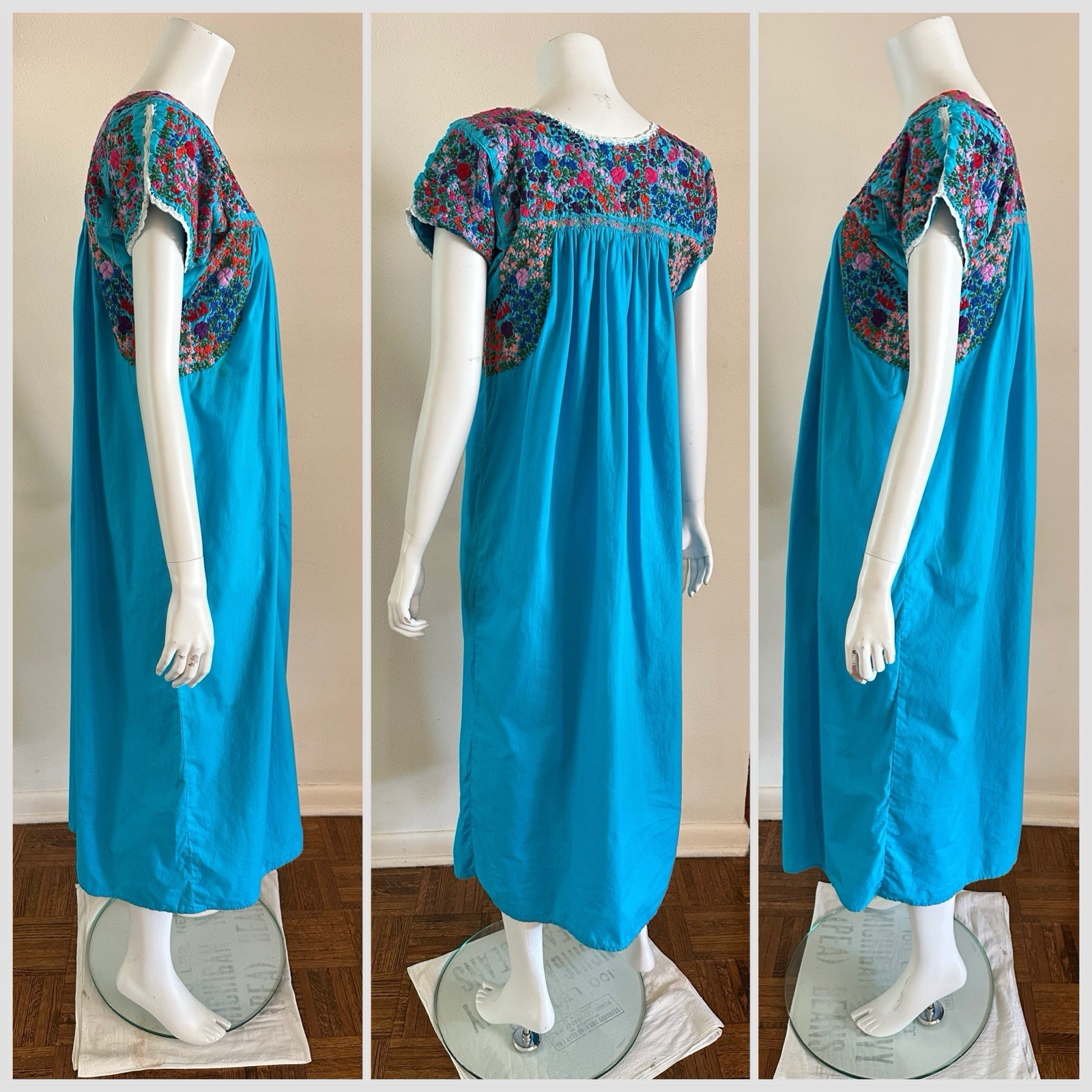 1970s Cotton Oaxacan Mexican Huipil Dress Embroidered Maxi STAINED AS IS Vintage