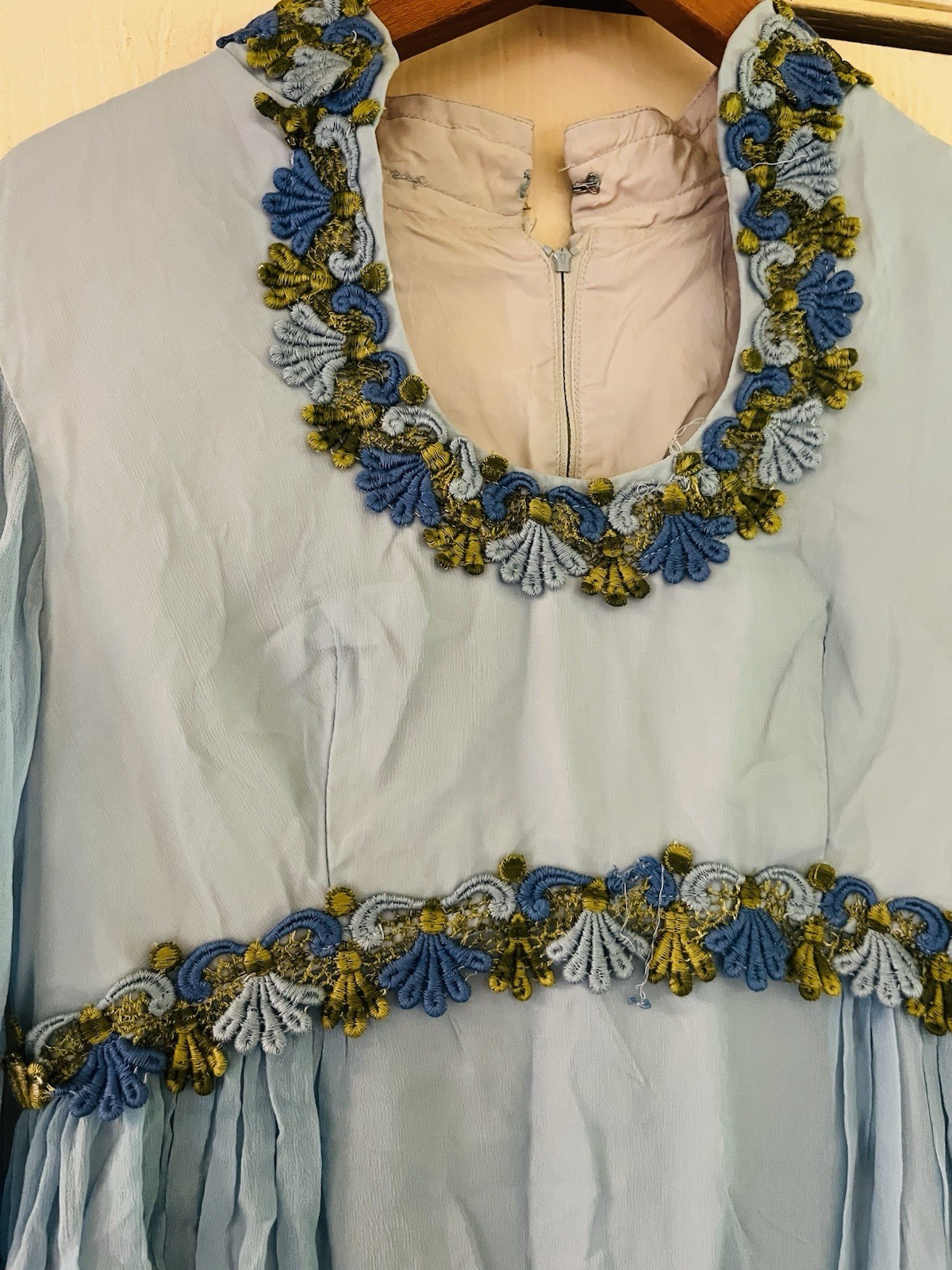 VTG 60s Prom Renaissance Embroidered Hippie Silk Chiffon Babydoll Maxi Dress