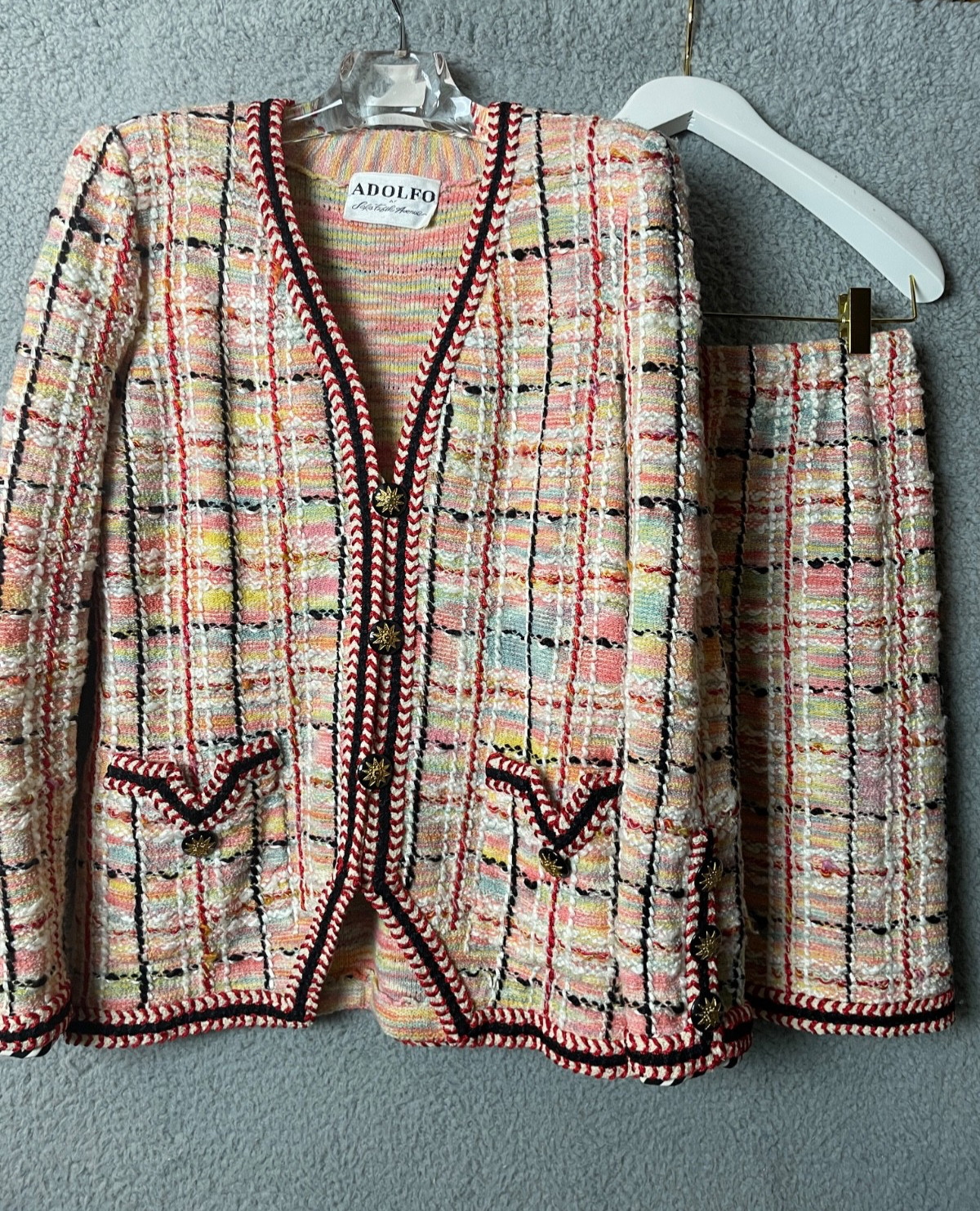 VTG Adolfo Jacket & Skirt Suit M Pink Red Boucle Starburst Buttons Saks Fifth Av