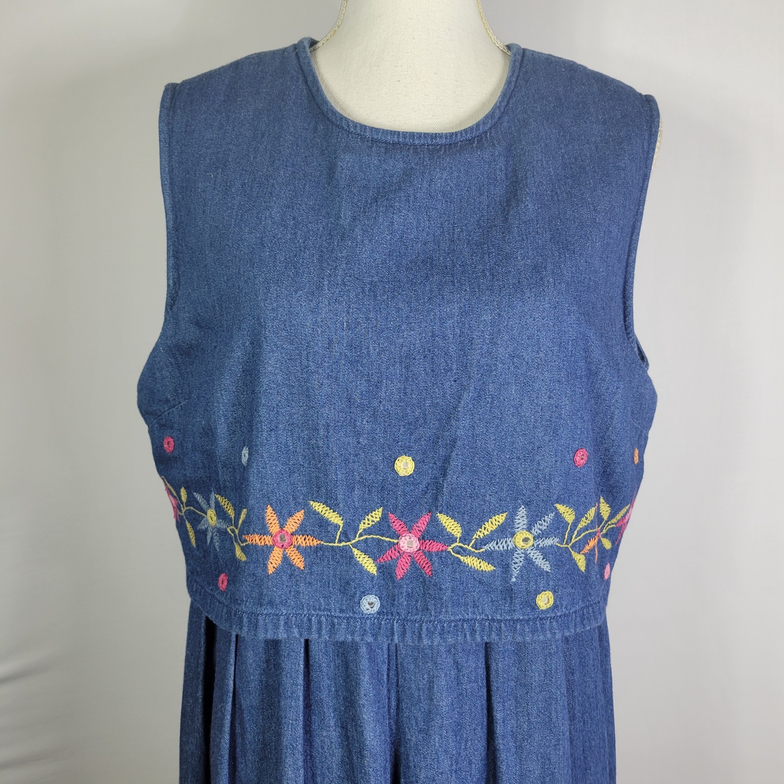 Vintage Karin Stevens Womens Dress Denim Size 16 Embroidered Floral 80s Mom Core