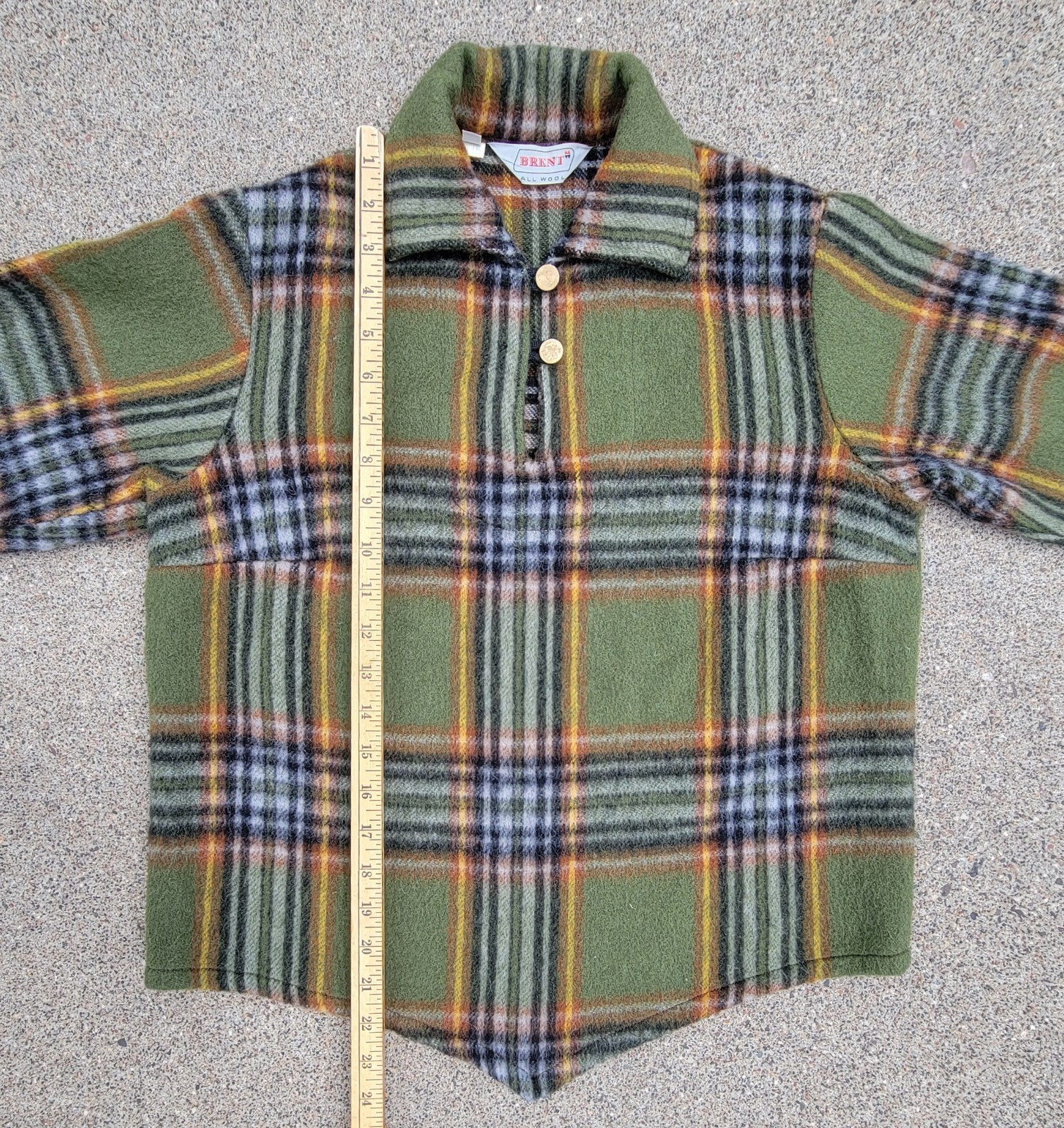 Vintage 50s 60s Brent 100% Wool Loop and Button Olive Plaid Pointed Hem Pullover