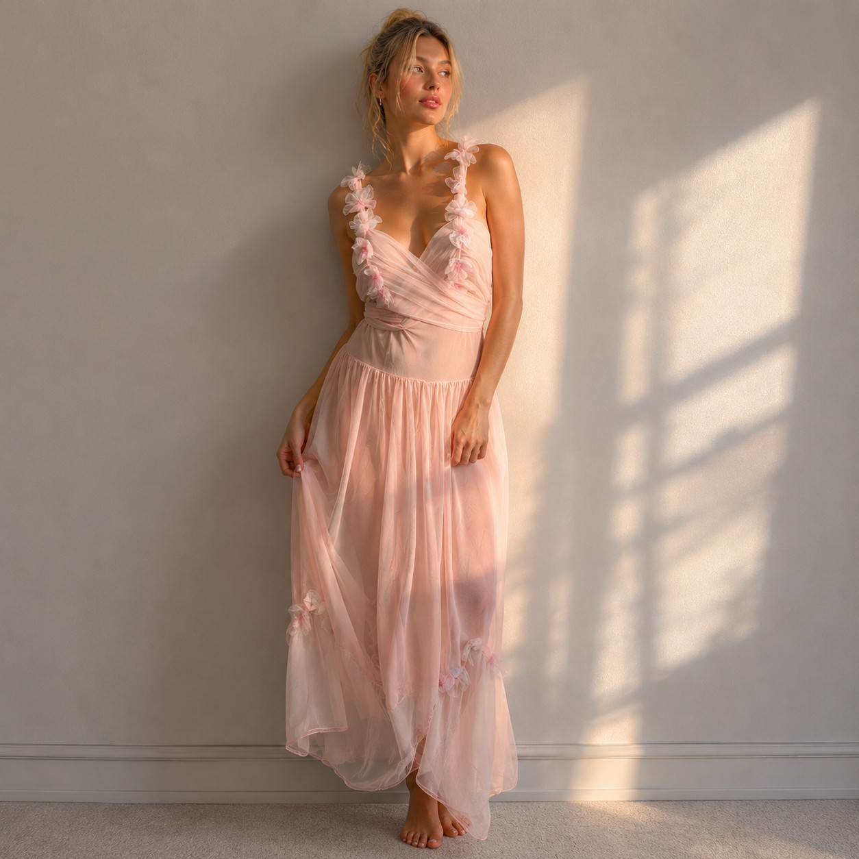 Vintage 60s Pink Chiffon Nightgown Size Medium Floral Appliqué Fairycore Ombre