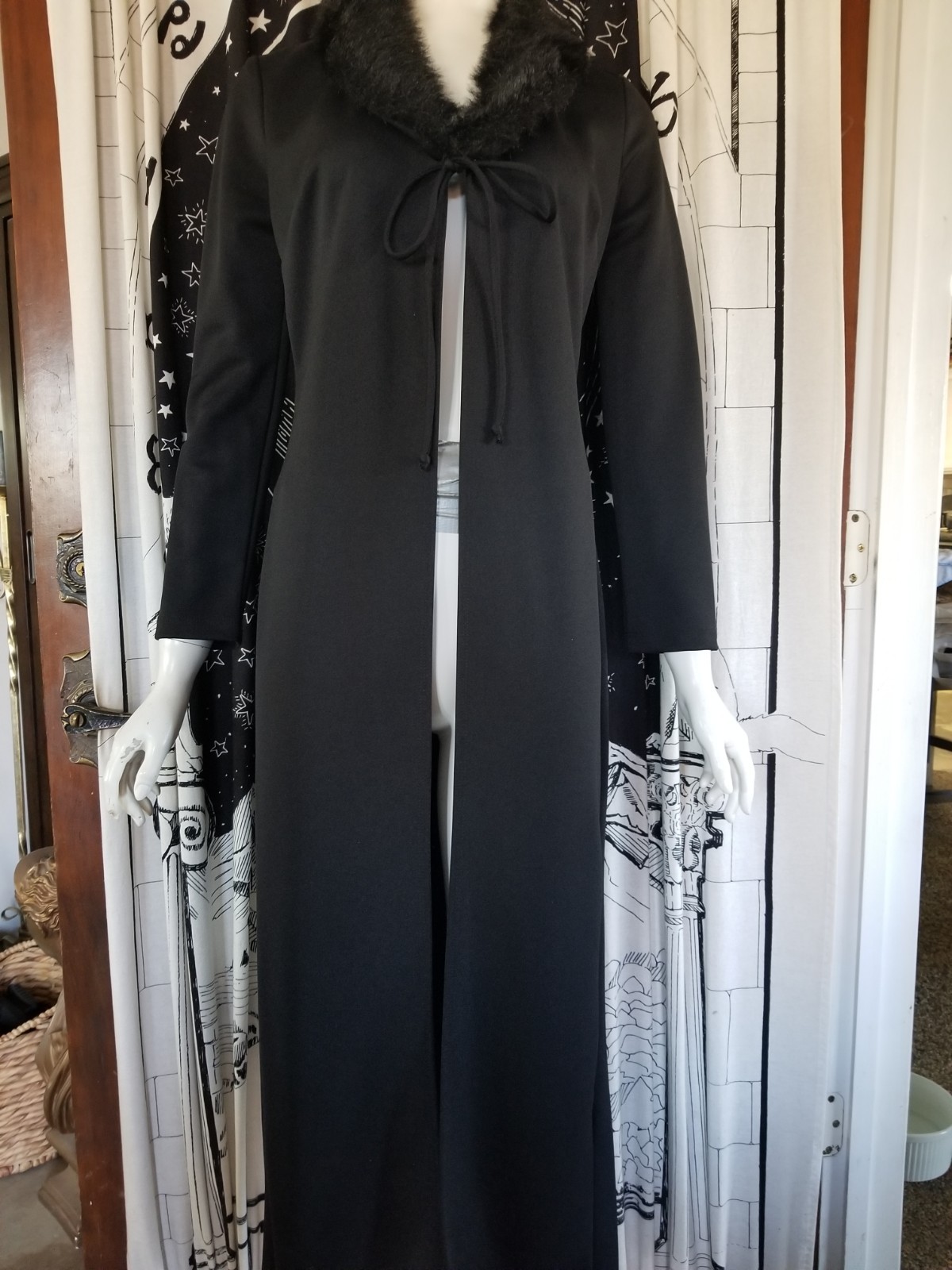 1980&rsquo;s CALIFORNIA CONCEPTS Black Poly Womens Vintage Jacket Kimono Duster Fur S