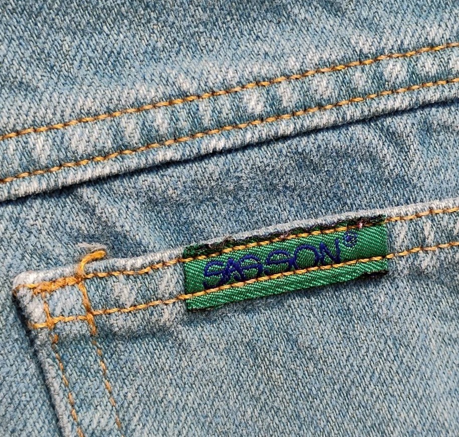 VTG 1976-80&rsquo;s « Sasson » Teal Blue/High Waisted/Green & Black Logo Tag Jeans 33/29