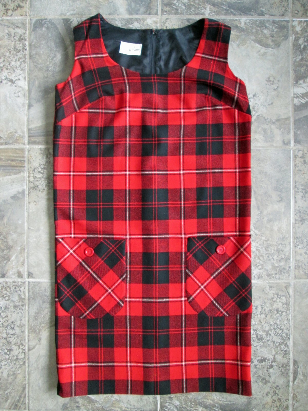VTG Carole King Dress Large Wool Jumper Black Red Plaid Tube Sheathe Zipper EUC