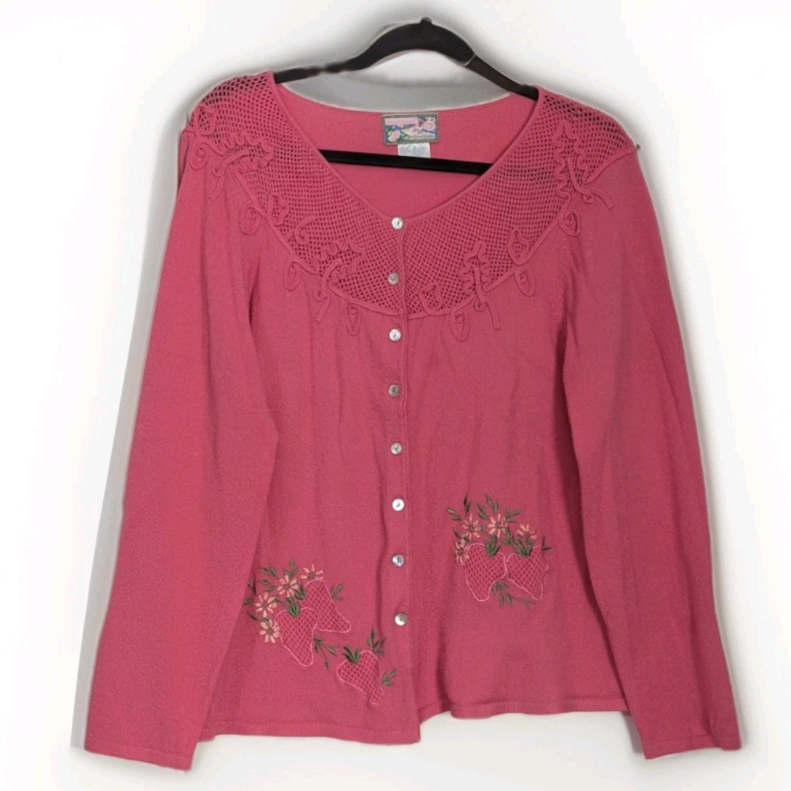 Vtg April Cornell Strawberry Embroidered Cardigan L Pink Hong Kong Cottagecore