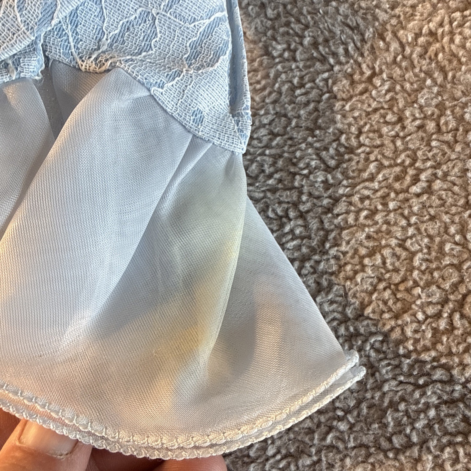 Vtg 70s Powder Blue Lace Eyelet Tuxedo Blouse Dramatic Ruffle Blouse see pics