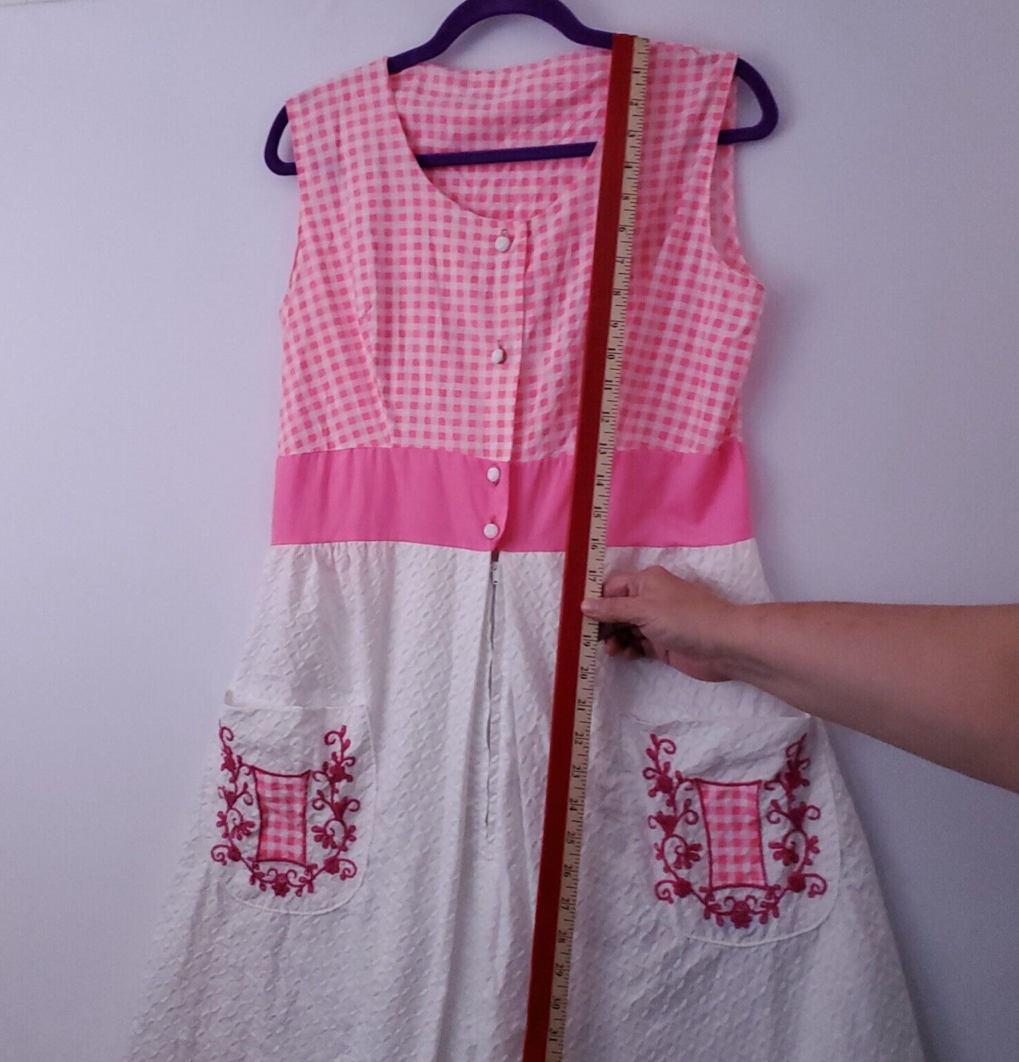 Vtg BarbieCore Pink White Gingham Cottage 60&rsquo;s Mini Tank Dress Embroidered S/M