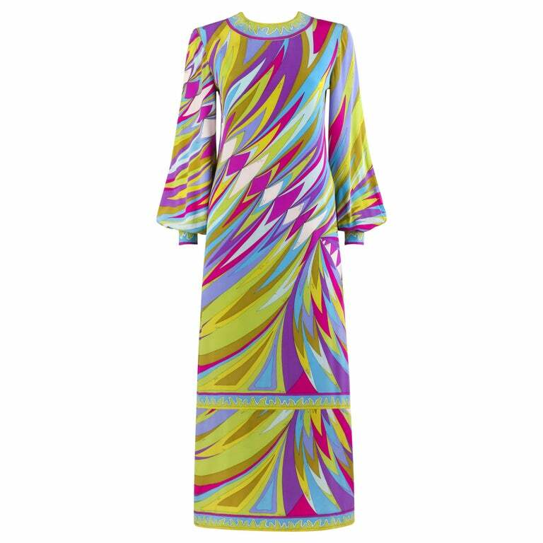 EMILIO PUCCI c.1960’s Multi-color Op Art Signature Print Silk Maxi Dress