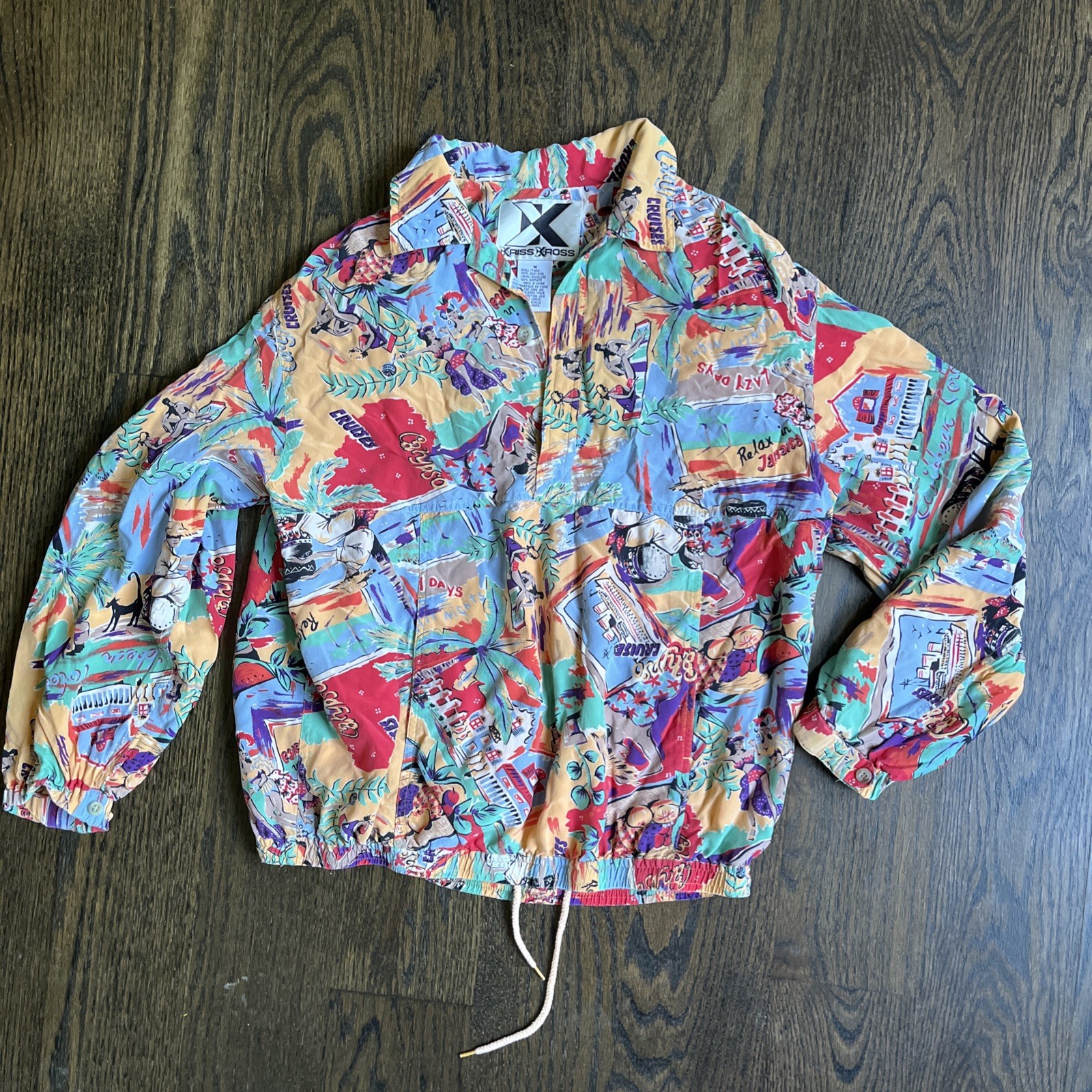 Vintage 90s Silk Pullover Anorak Women&rsquo;s Sz. M Xriss Xross Jamaica Tropical Surf