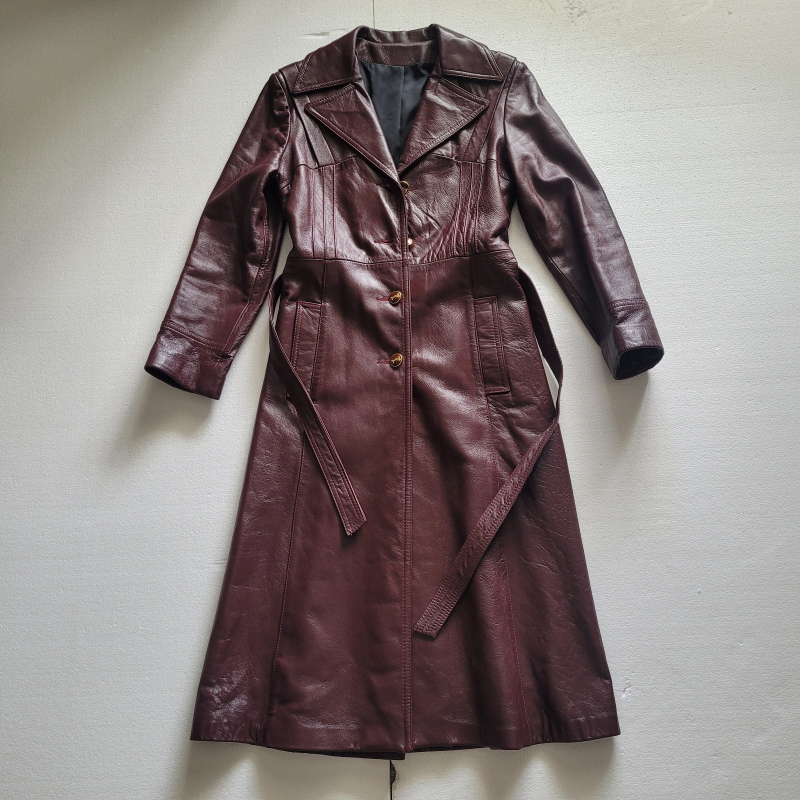 Long Lined Leather Vintage Coat by Winners Circle Fashions, Women&rsquo;s Small Belted