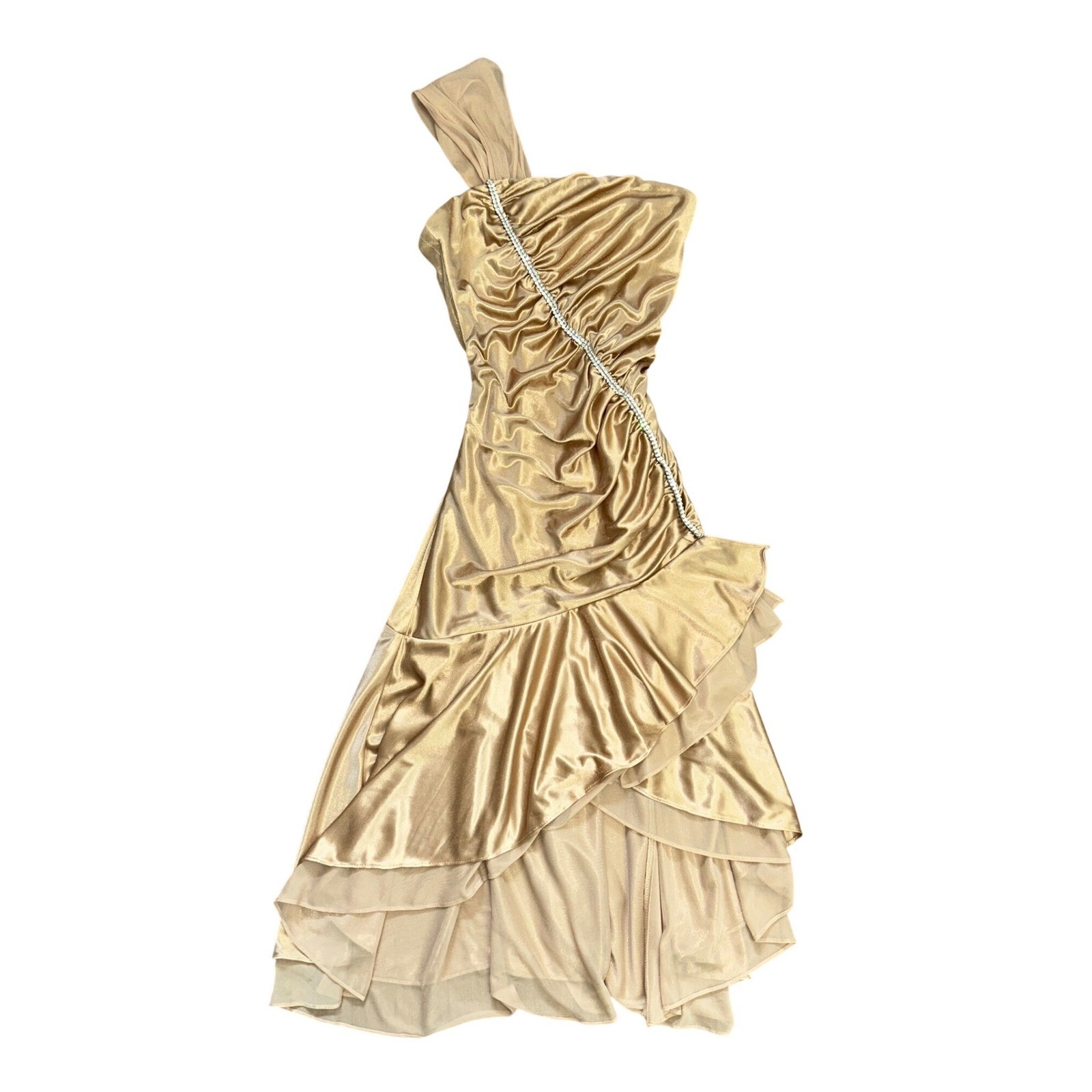 Vtg Gold Fairy Asymmetrical One Shoulder Rhinestone Ruffle Dress Small whimsy
