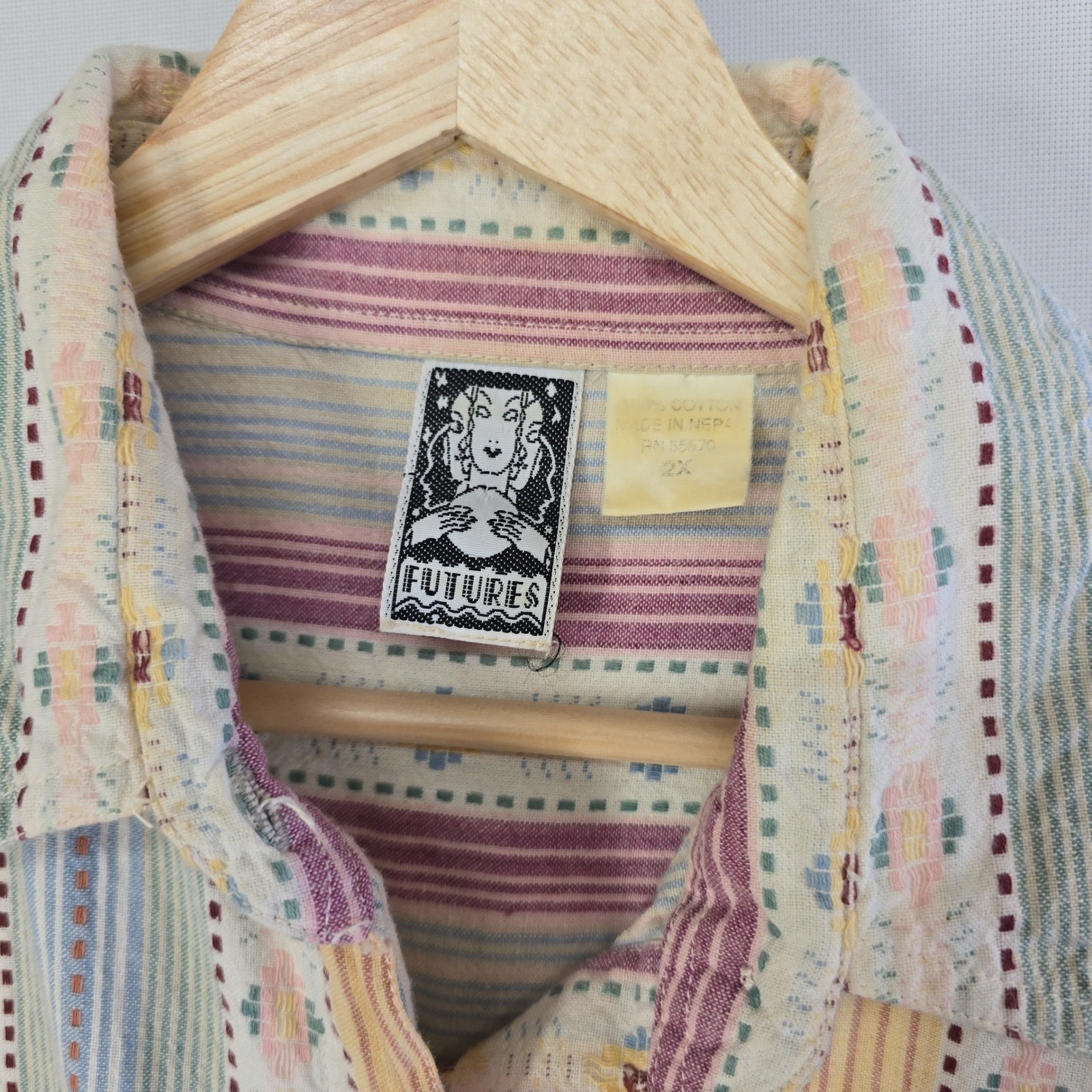 Futures Vintage Striped Button Down Shirt 2X Boho Southwestern Nepal Cotton